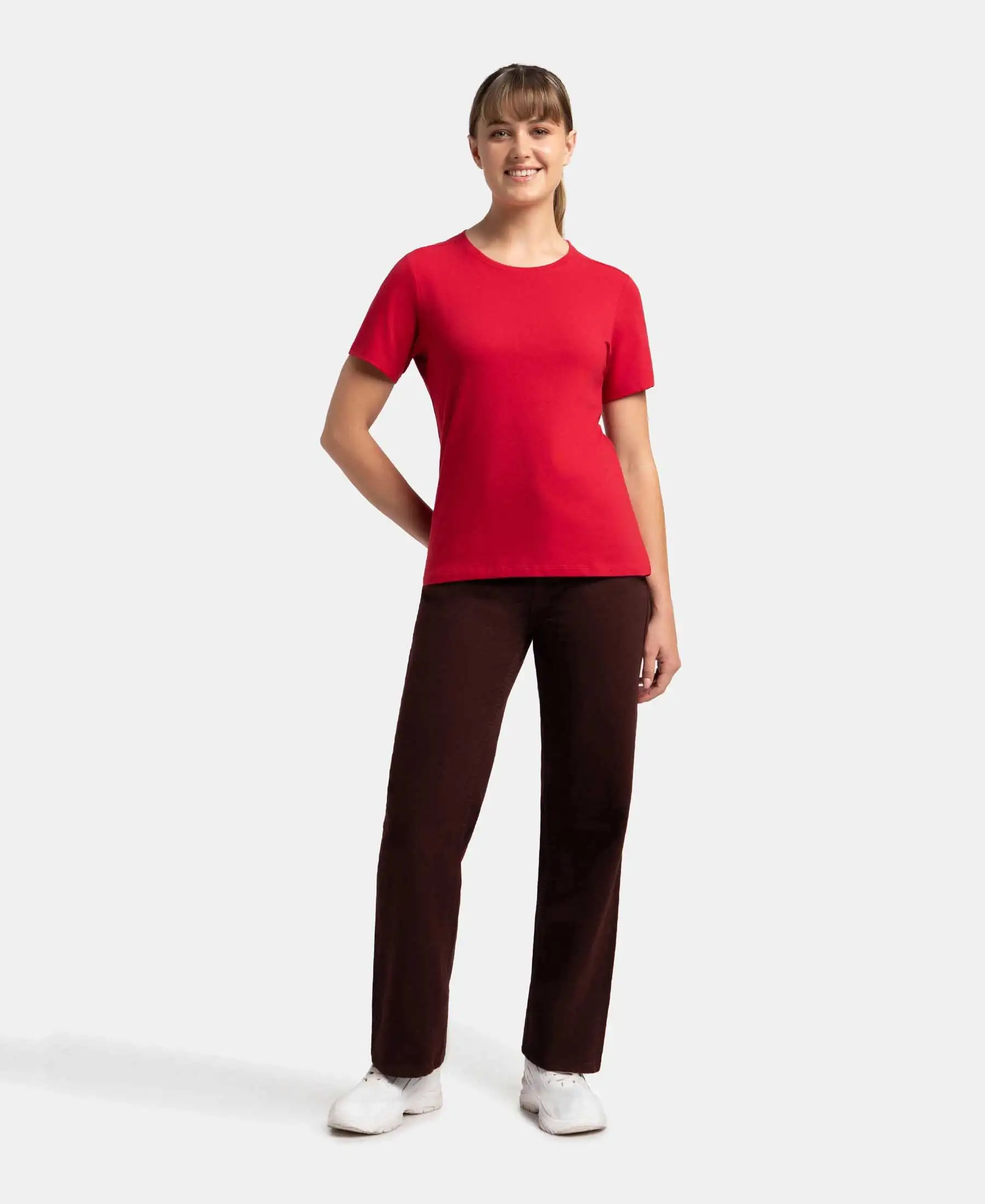 Super Combed Cotton Elastane Stretch Regular Fit Solid Round Neck Half Sleeve T-Shirt - Jester Red - Image 4