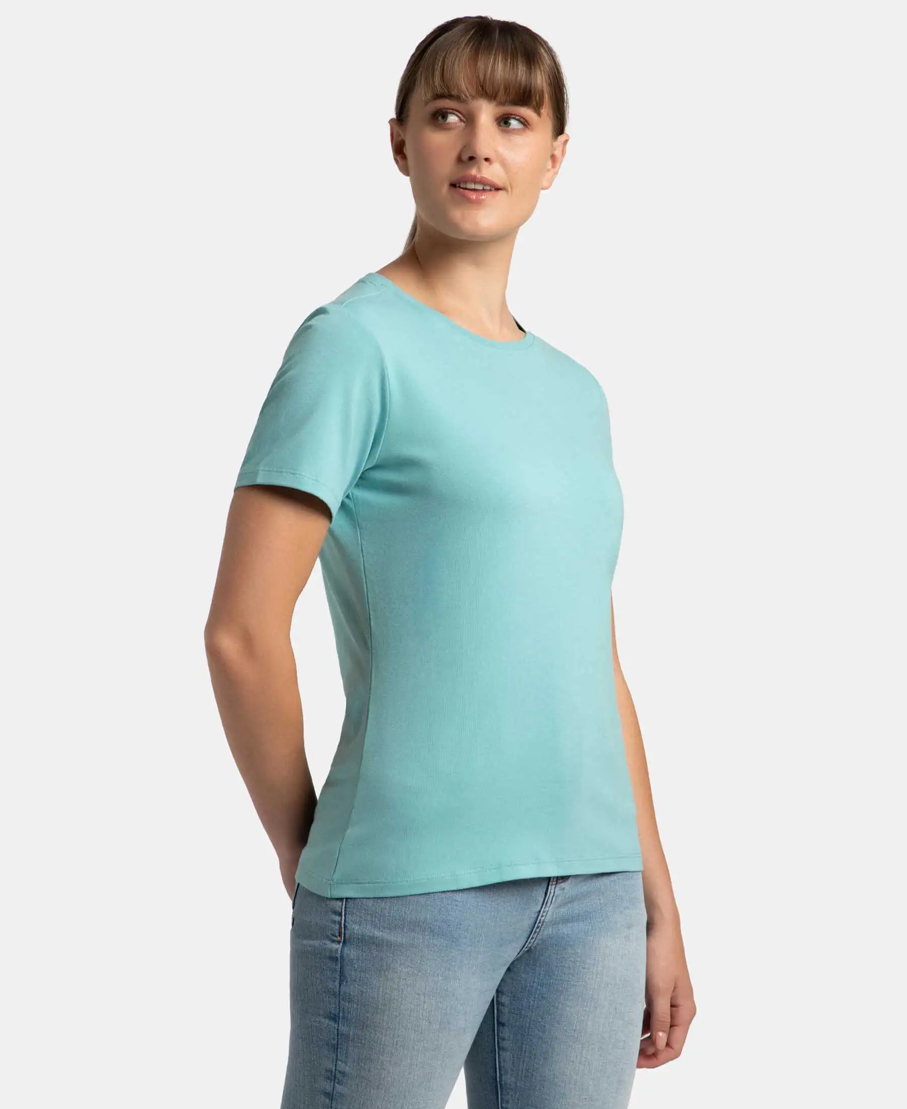 Super Combed Cotton Elastane Stretch Regular Fit Solid Round Neck Half Sleeve T-Shirt - Nile Blue - Image 2