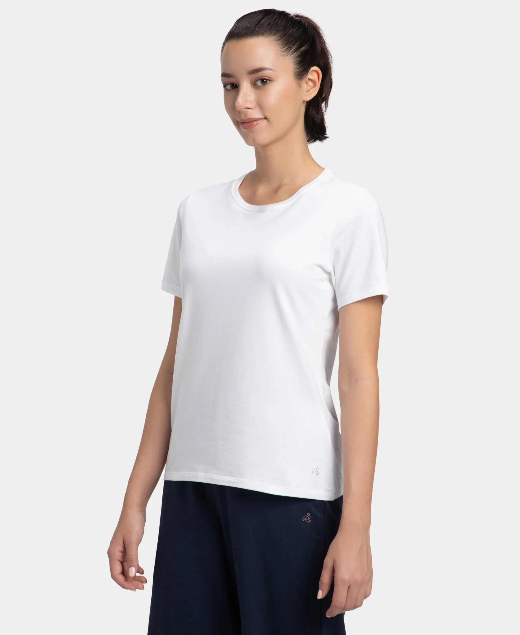 Super Combed Cotton Elastane Stretch Regular Fit Solid Round Neck Half Sleeve T-Shirt - White - Image 2