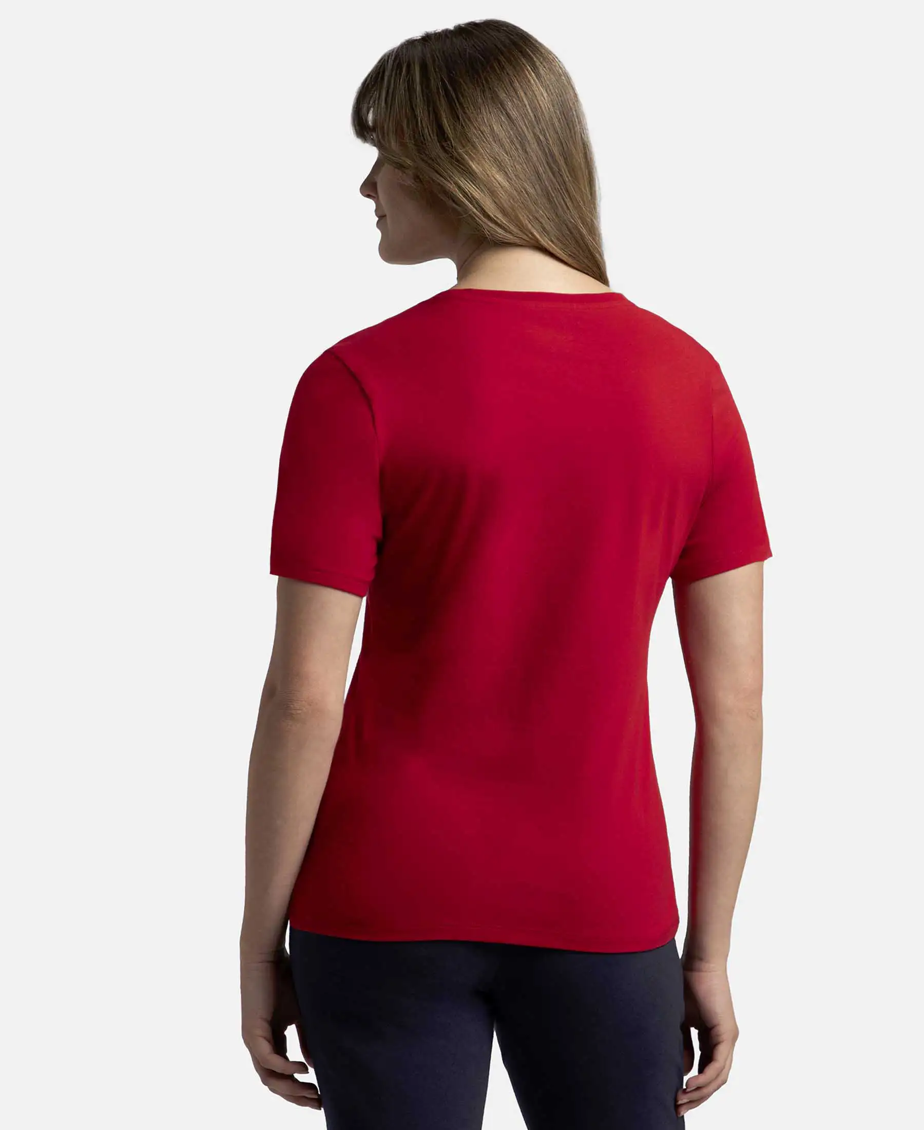 Super Combed Cotton Elastane Stretch Regular Fit Solid V Neck Half Sleeve T-Shirt - Jester Red - Image 3