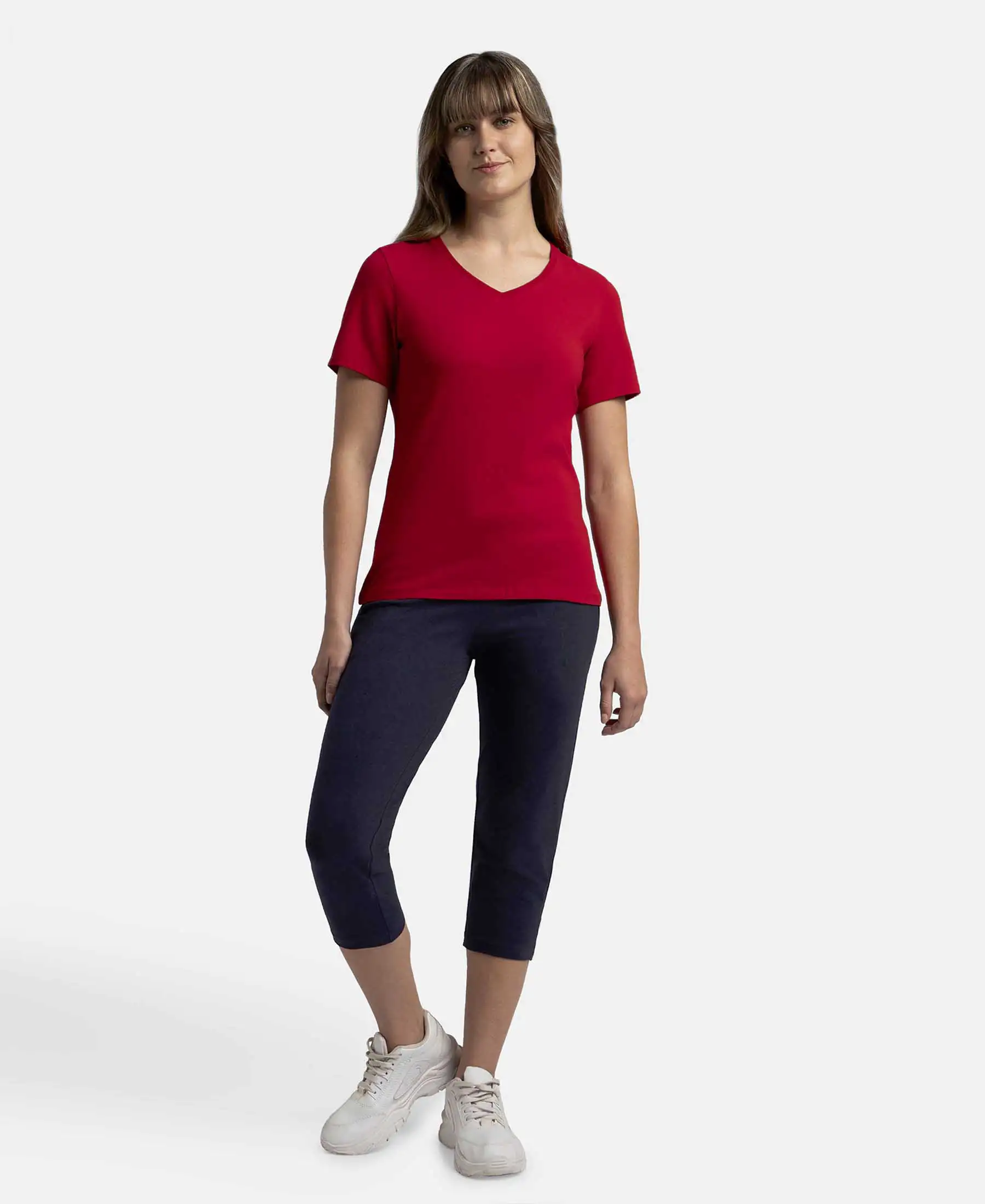 Super Combed Cotton Elastane Stretch Regular Fit Solid V Neck Half Sleeve T-Shirt - Jester Red - Image 4