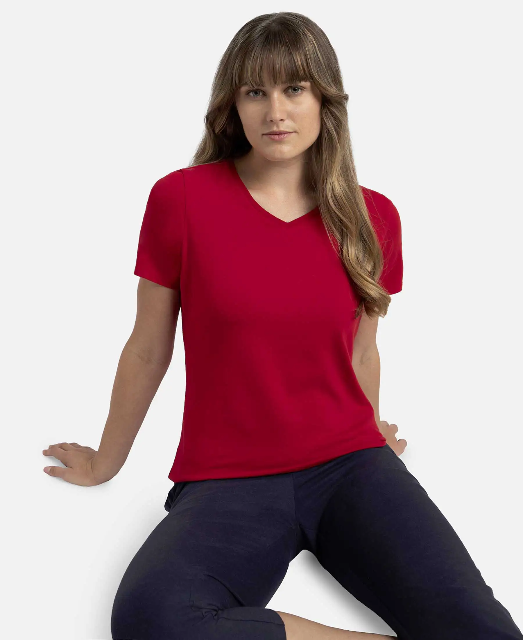 Super Combed Cotton Elastane Stretch Regular Fit Solid V Neck Half Sleeve T-Shirt - Jester Red - Image 5