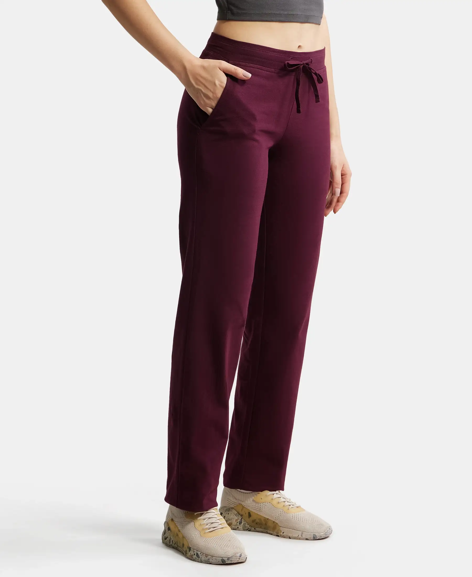 Super Combed Cotton Elastane Stretch Relaxed Fit Trackpants With Side Pockets - Wine Tasting - Image 2