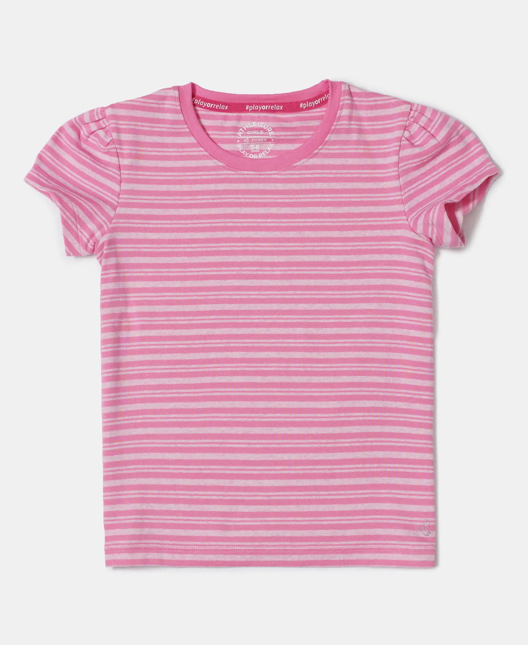Girl's Super Combed Cotton Elastane Stretch Rib Striped Short Sleeve T-Shirt - Aurora Pink & Pink lady Melange - Image 5