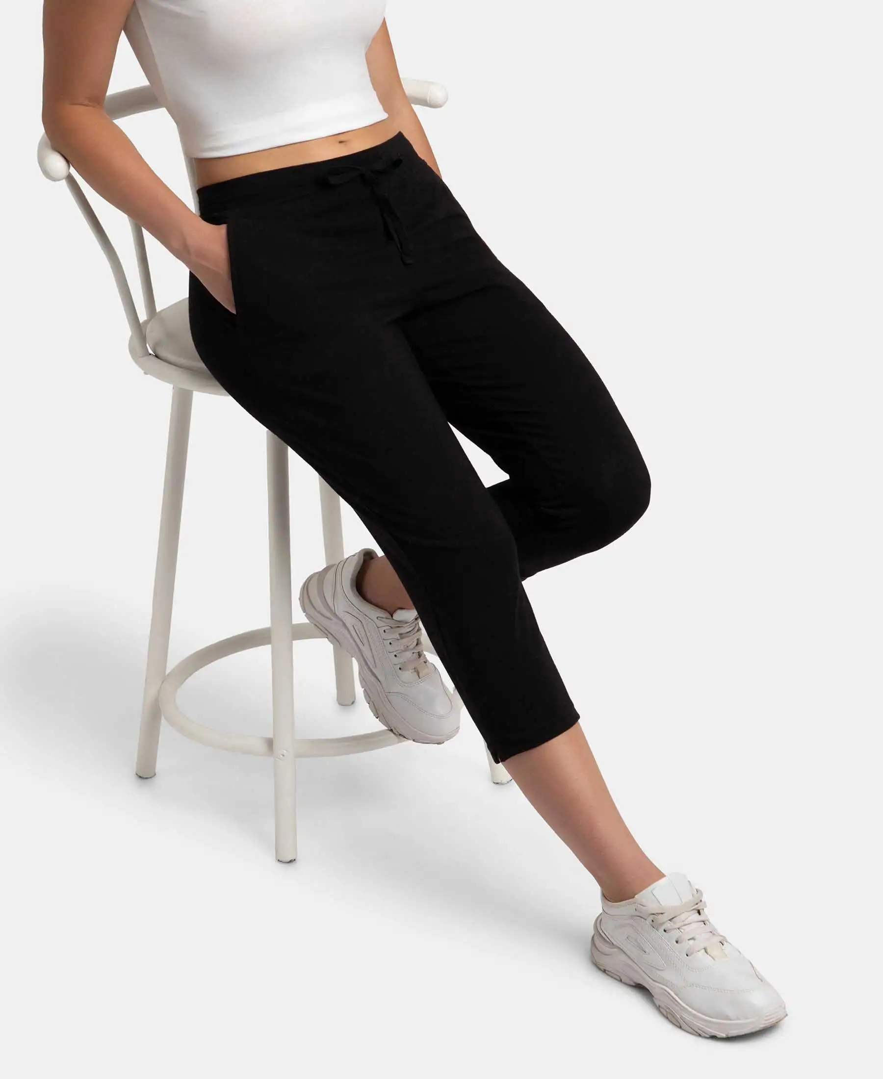 Super Combed Cotton Elastane Stretch Slim Fit Capri with Side Pockets - Black - Image 5