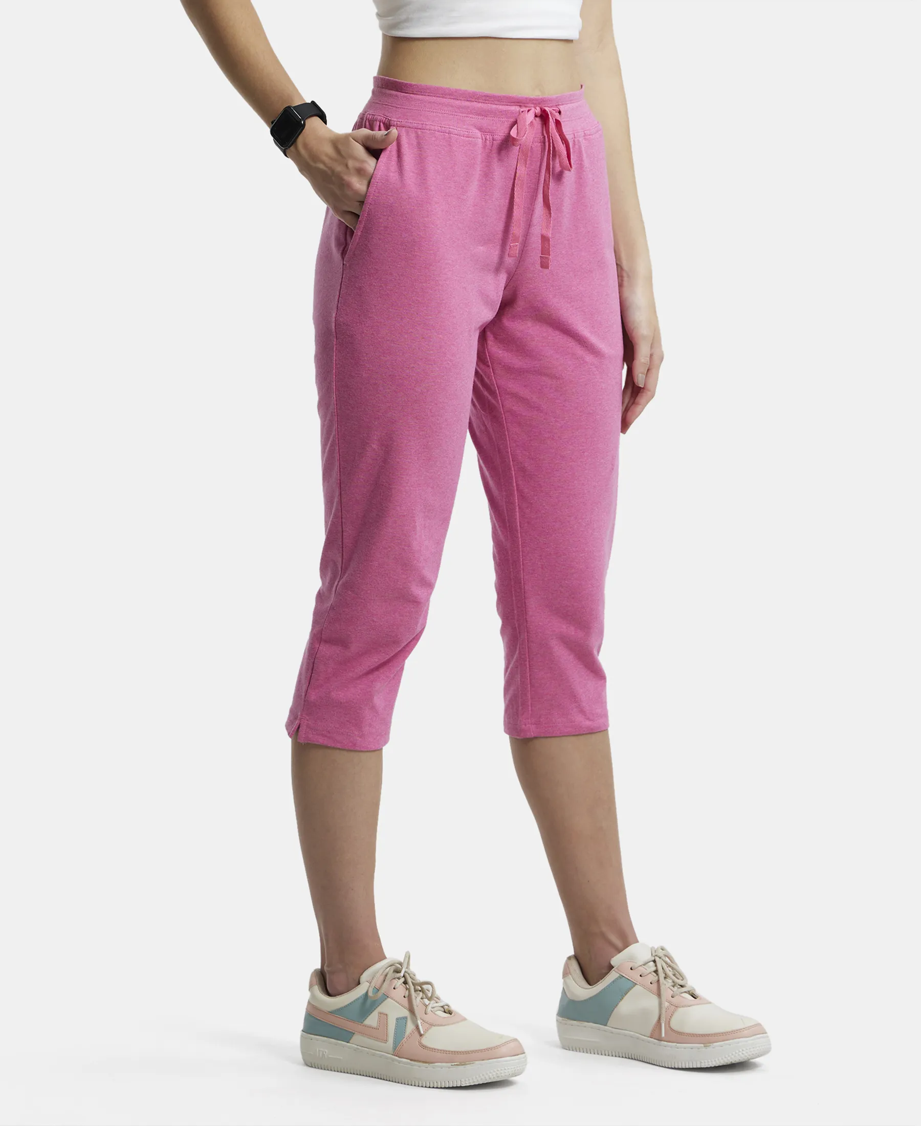 Super Combed Cotton Elastane Stretch Slim Fit Capri with Side Pockets - Ibis Rose Melange - Image 2