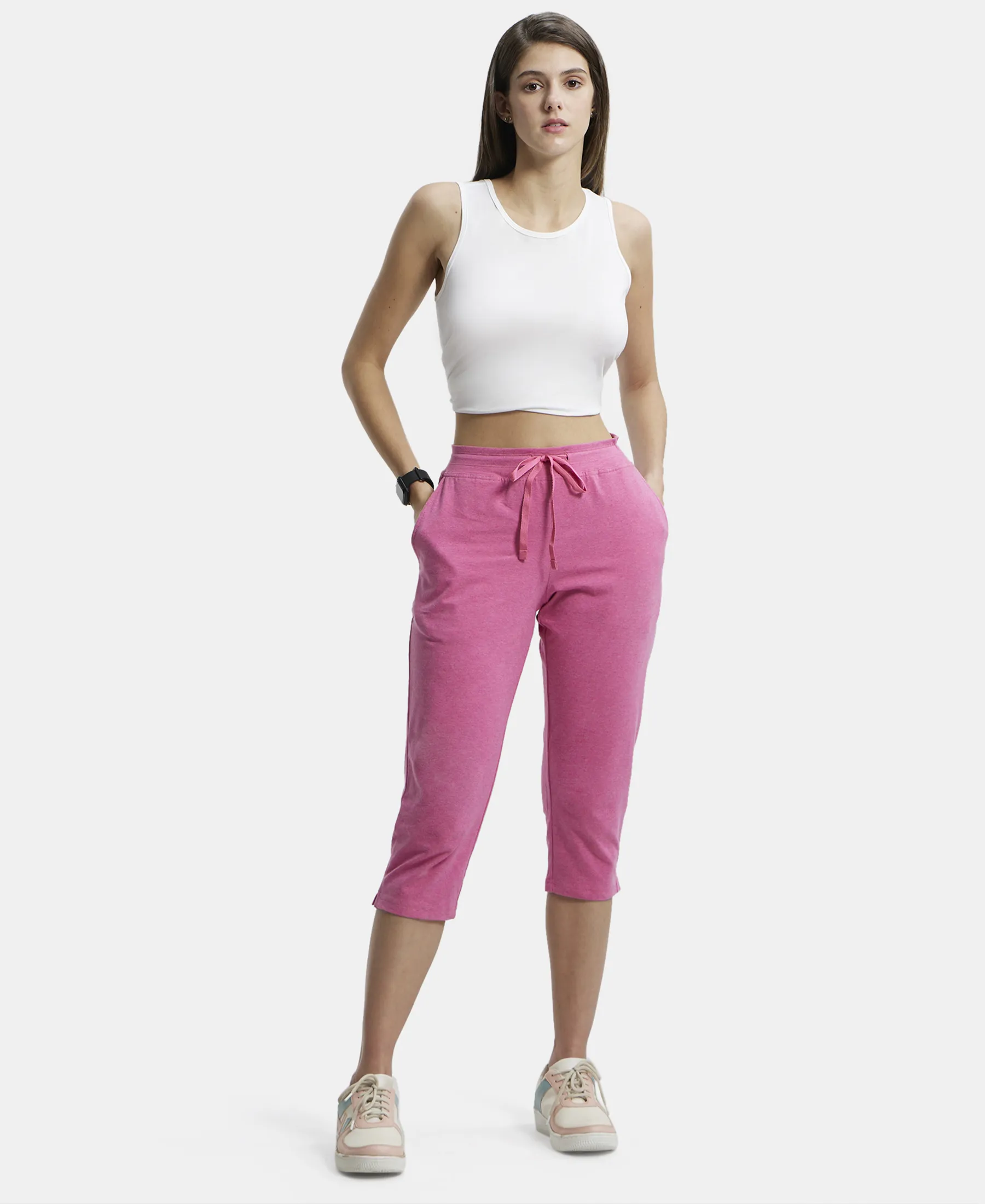 Super Combed Cotton Elastane Stretch Slim Fit Capri with Side Pockets - Ibis Rose Melange - Image 4