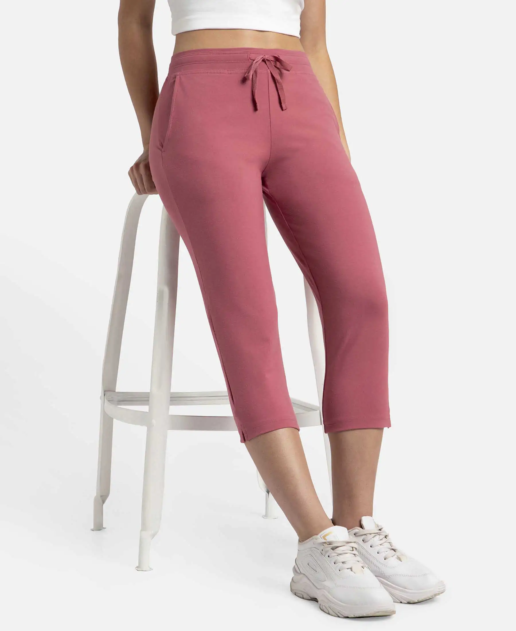 Super Combed Cotton Elastane Stretch Slim Fit Capri with Side Pockets - Rose Wine - Image 5
