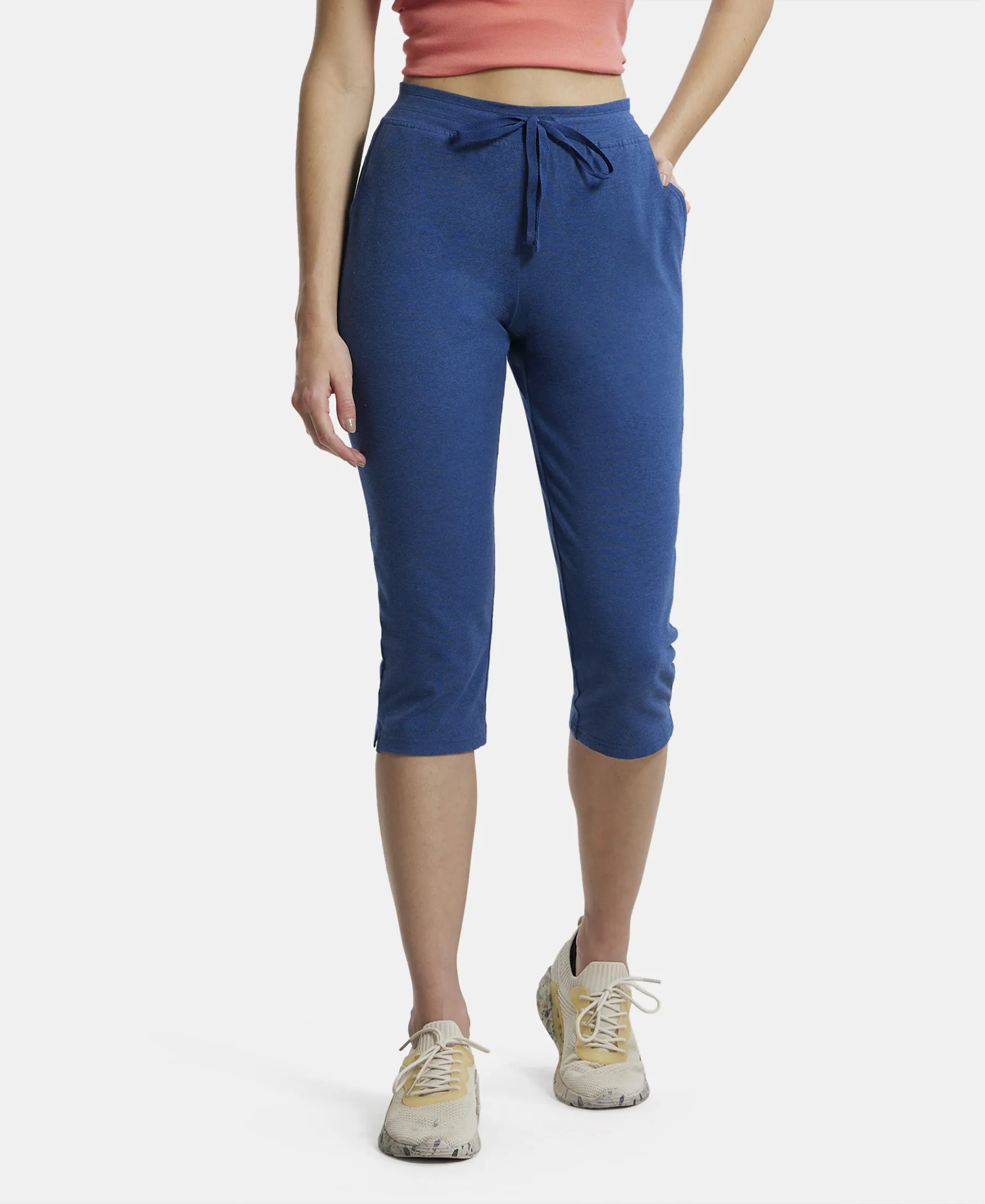 Super Combed Cotton Elastane Stretch Slim Fit Capri with Side Pockets - Vintage Denim Melange