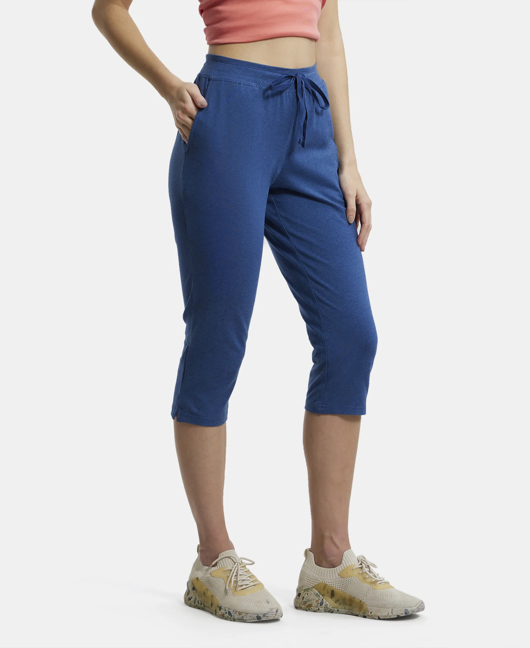 Super Combed Cotton Elastane Stretch Slim Fit Capri with Side Pockets - Vintage Denim Melange - Image 2