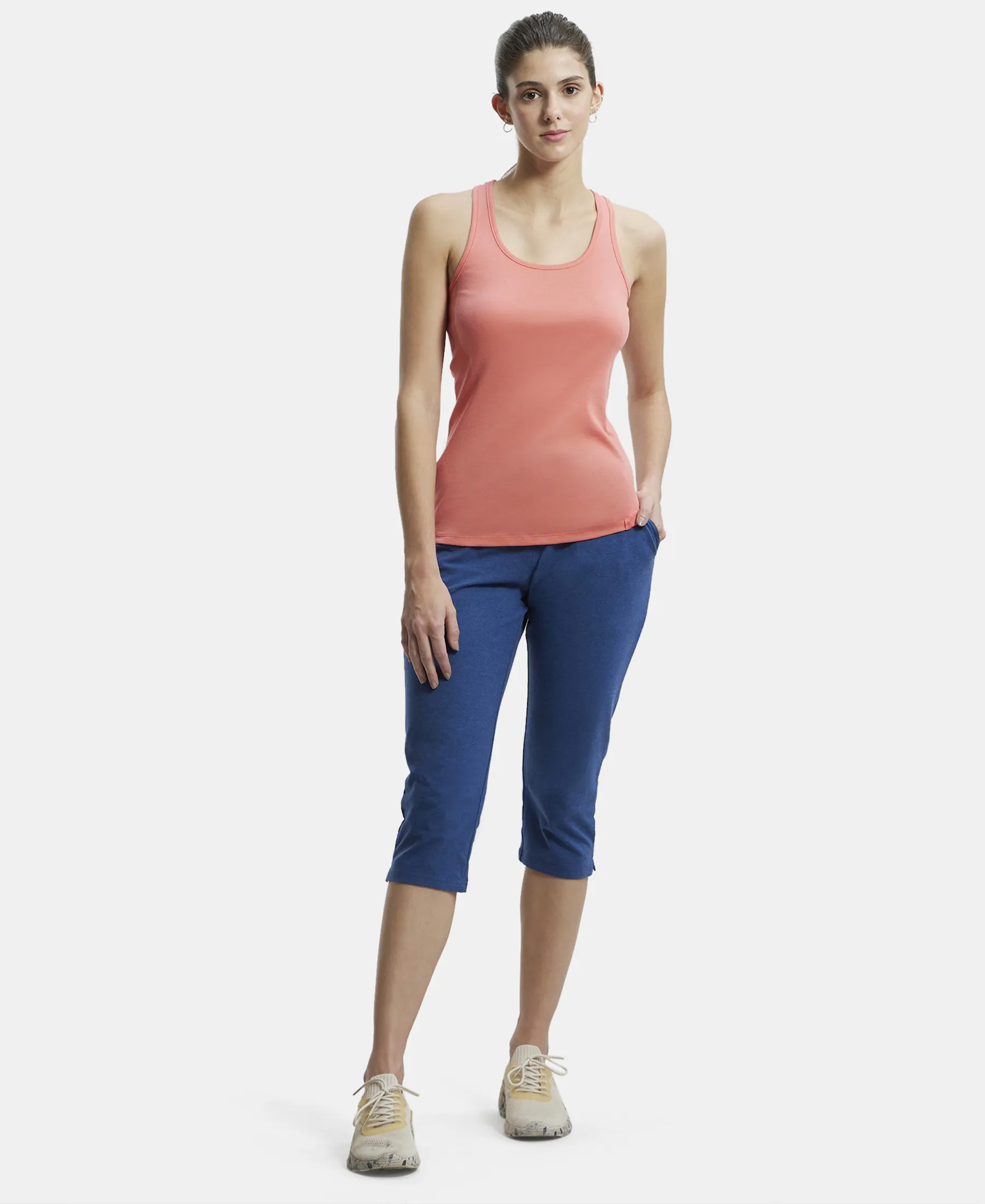 Super Combed Cotton Elastane Stretch Slim Fit Capri with Side Pockets - Vintage Denim Melange - Image 4