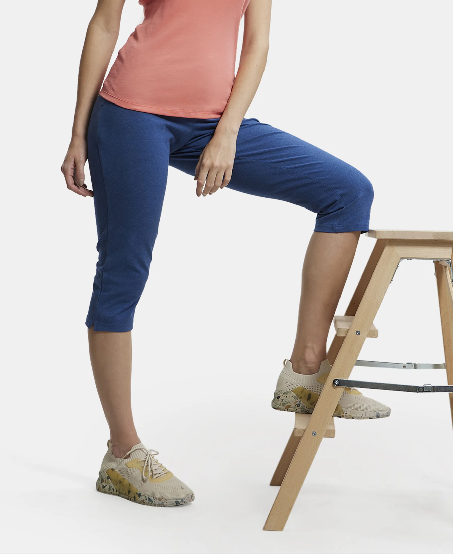 Super Combed Cotton Elastane Stretch Slim Fit Capri with Side Pockets - Vintage Denim Melange - Image 5