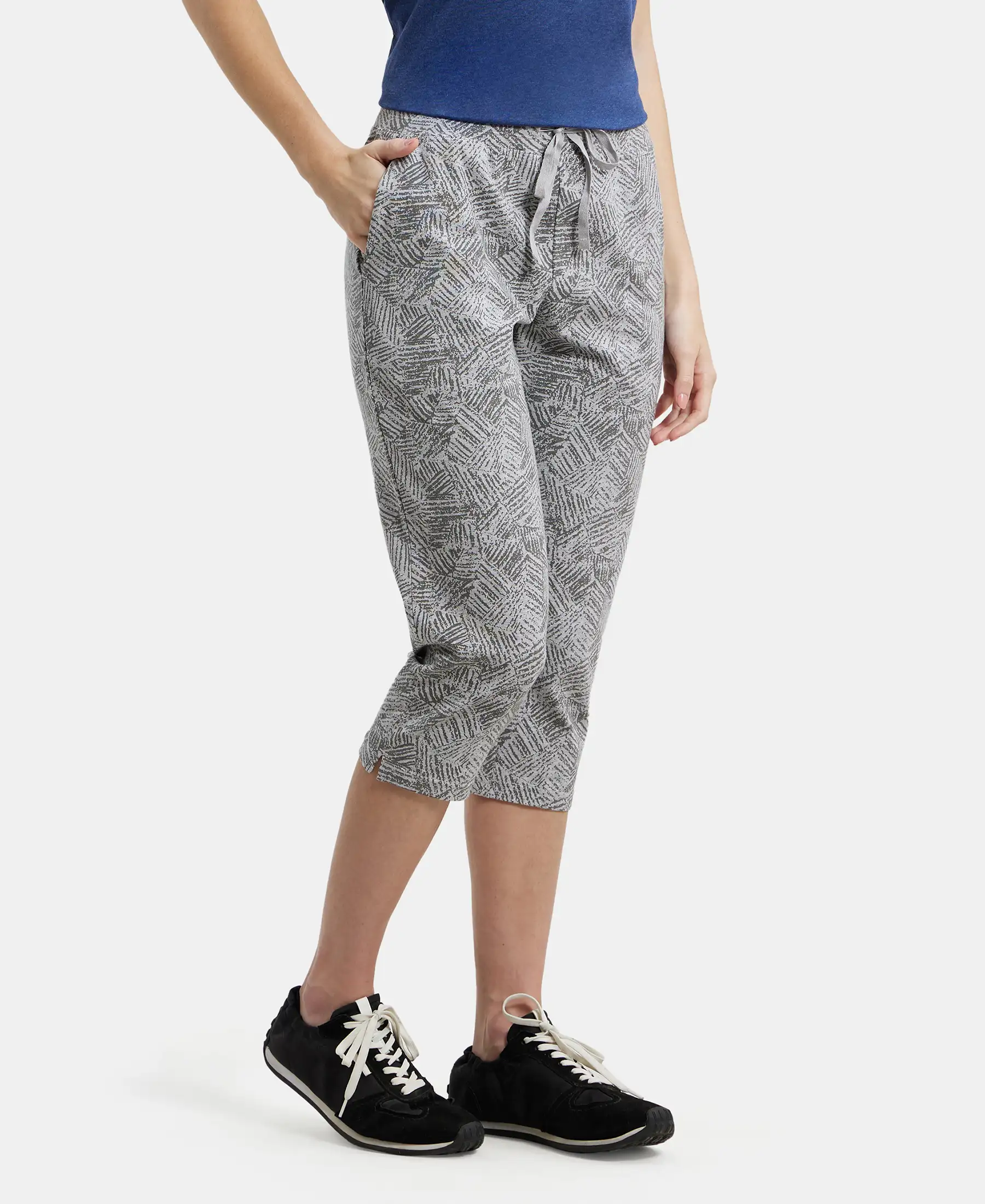 Super Combed Cotton Elastane Stretch Slim Fit Printed Capri with Side Pockets - Light Grey Melange Printed - Image 2