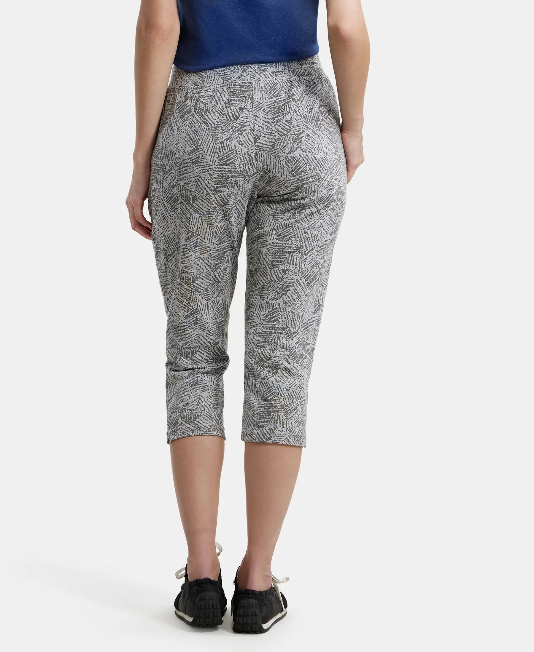 Super Combed Cotton Elastane Stretch Slim Fit Printed Capri with Side Pockets - Light Grey Melange Printed - Image 3
