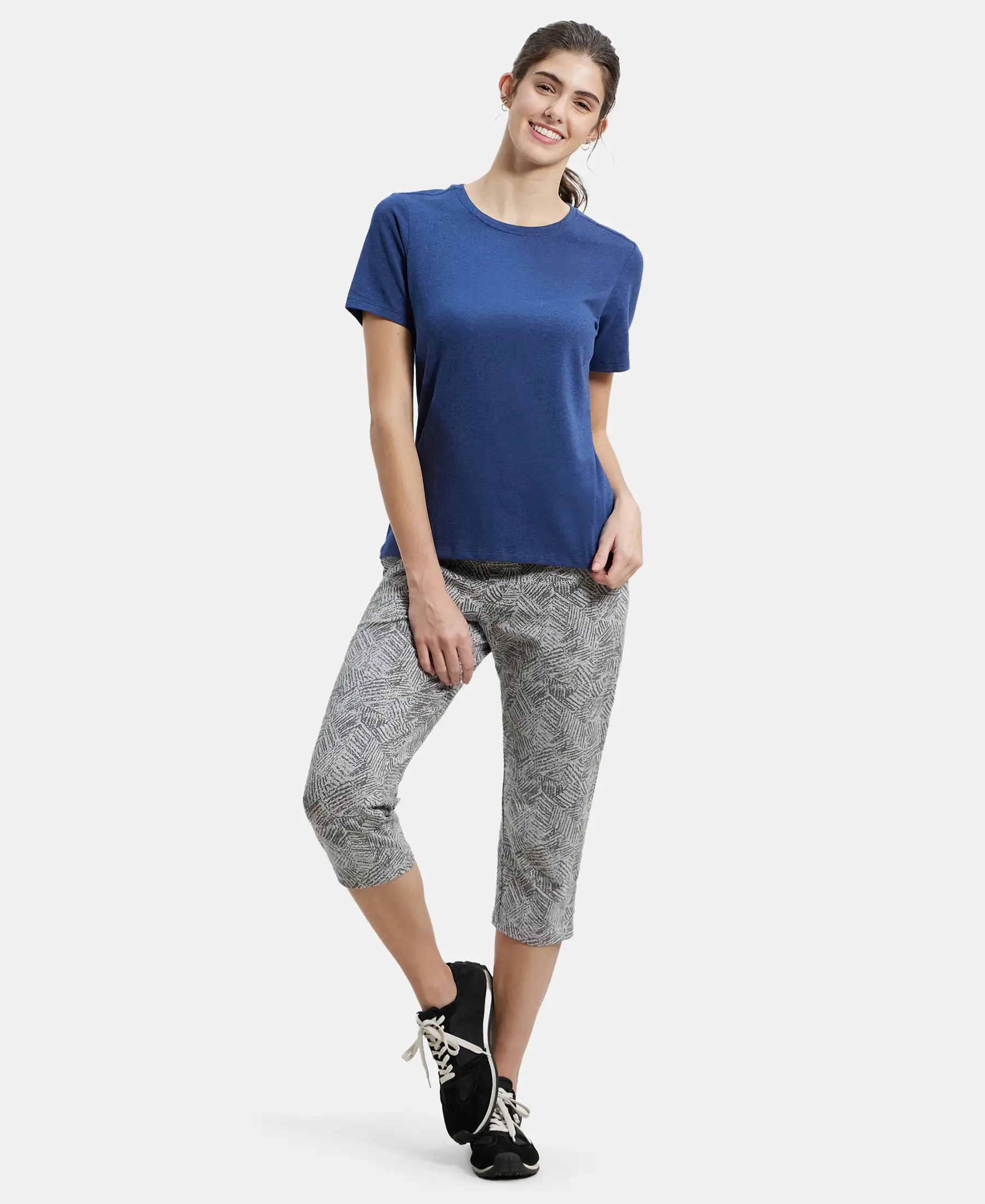 Super Combed Cotton Elastane Stretch Slim Fit Printed Capri with Side Pockets - Light Grey Melange Printed - Image 4