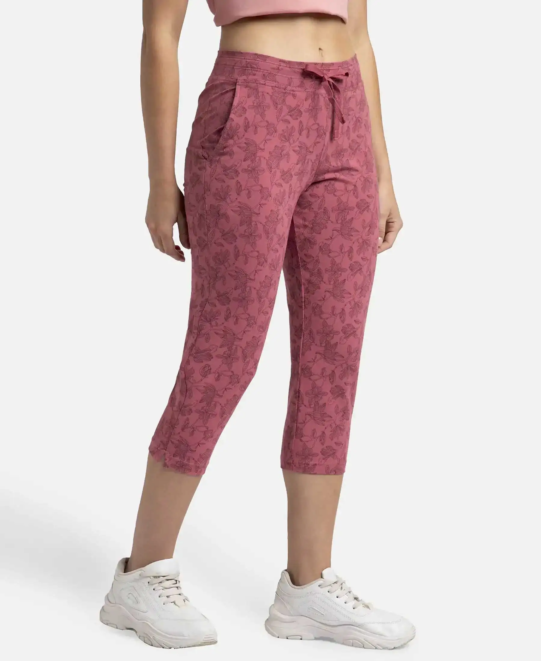 Super Combed Cotton Elastane Stretch Slim Fit Printed Capri with Side Pockets - Rosewine Print - Image 2