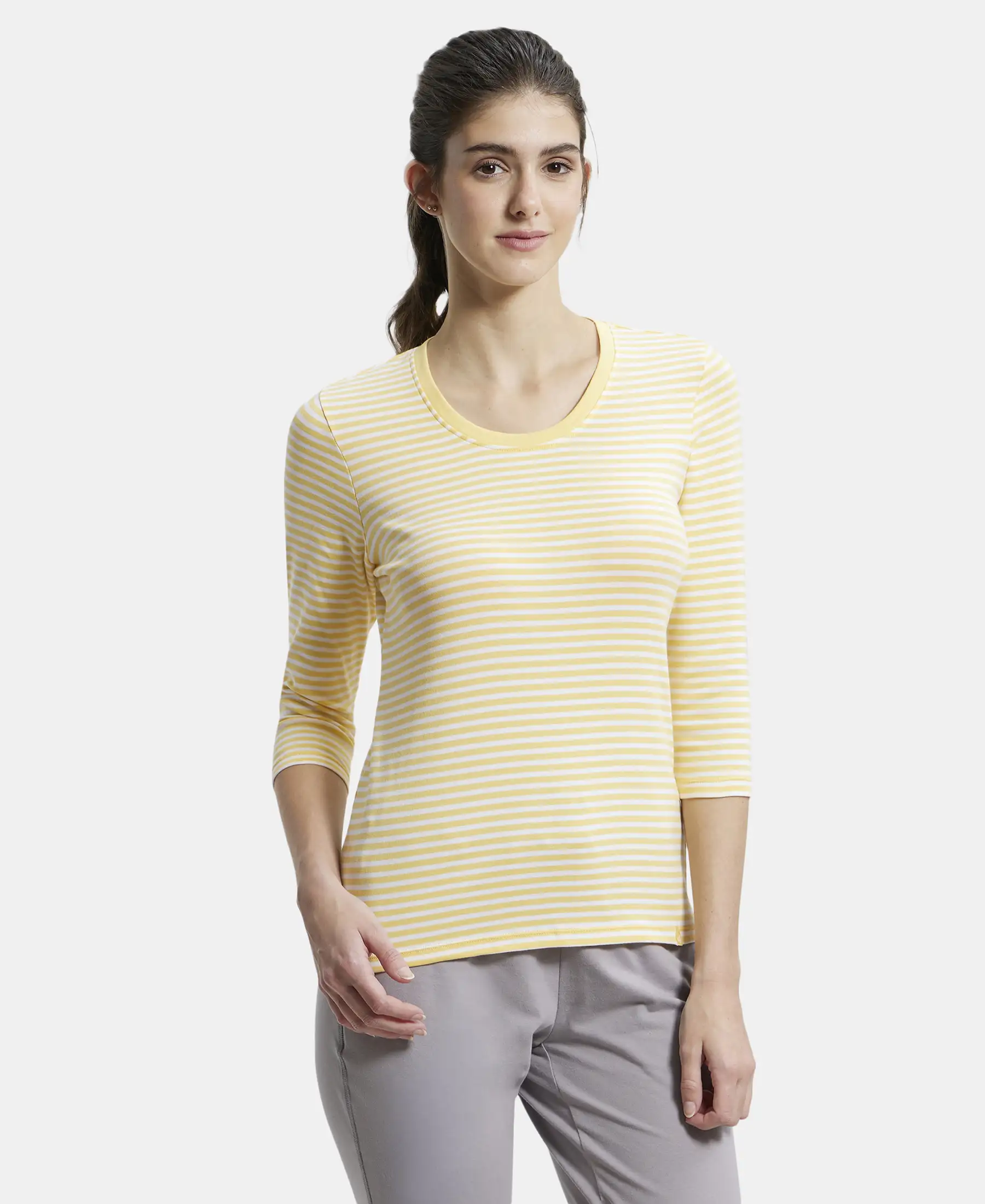 Super Combed Cotton Elastane Stretch Slim Fit Striped Round Neck Three Quarter Sleeve T-Shirt - Banana Cream & White