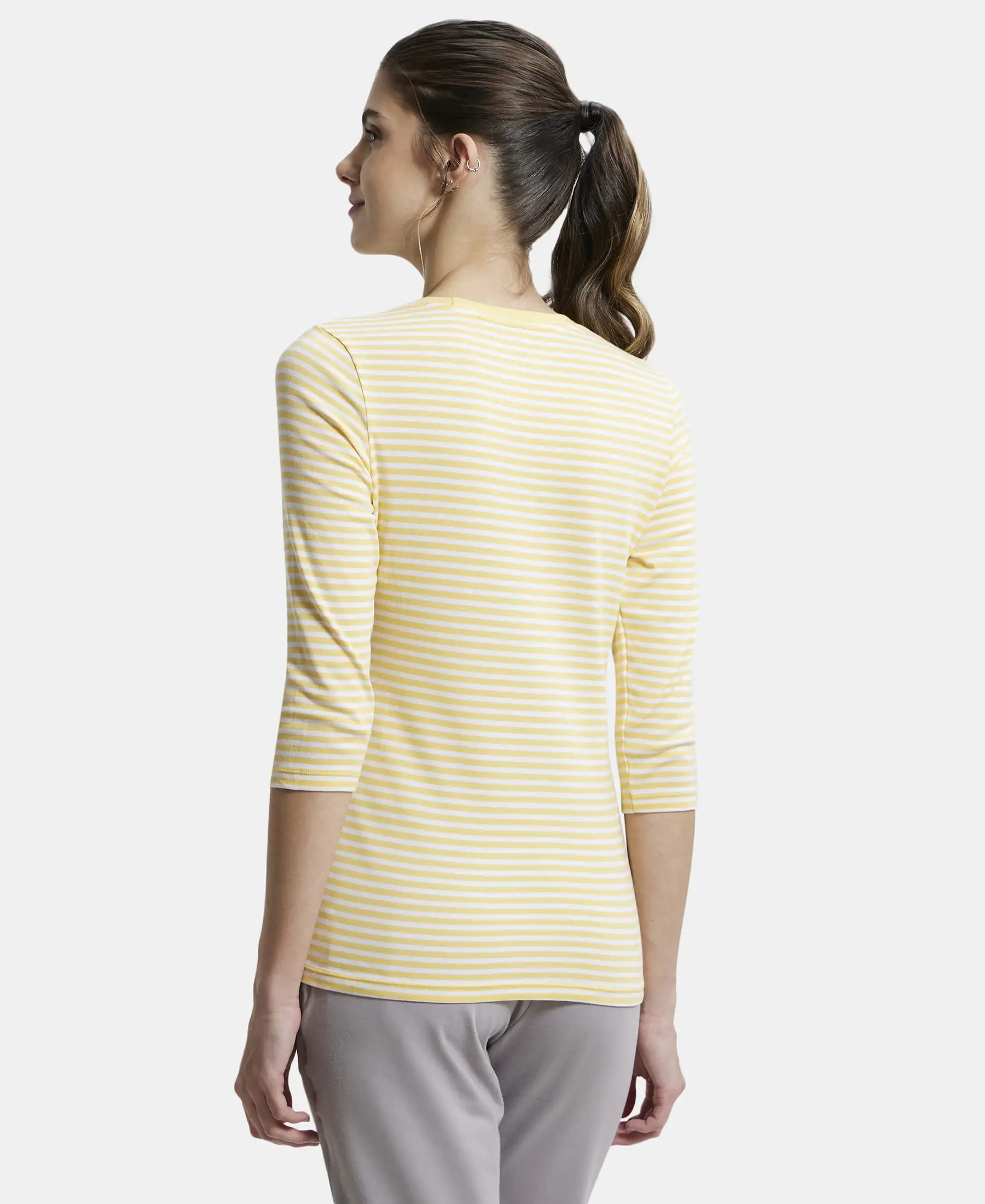 Super Combed Cotton Elastane Stretch Slim Fit Striped Round Neck Three Quarter Sleeve T-Shirt - Banana Cream & White - Image 3