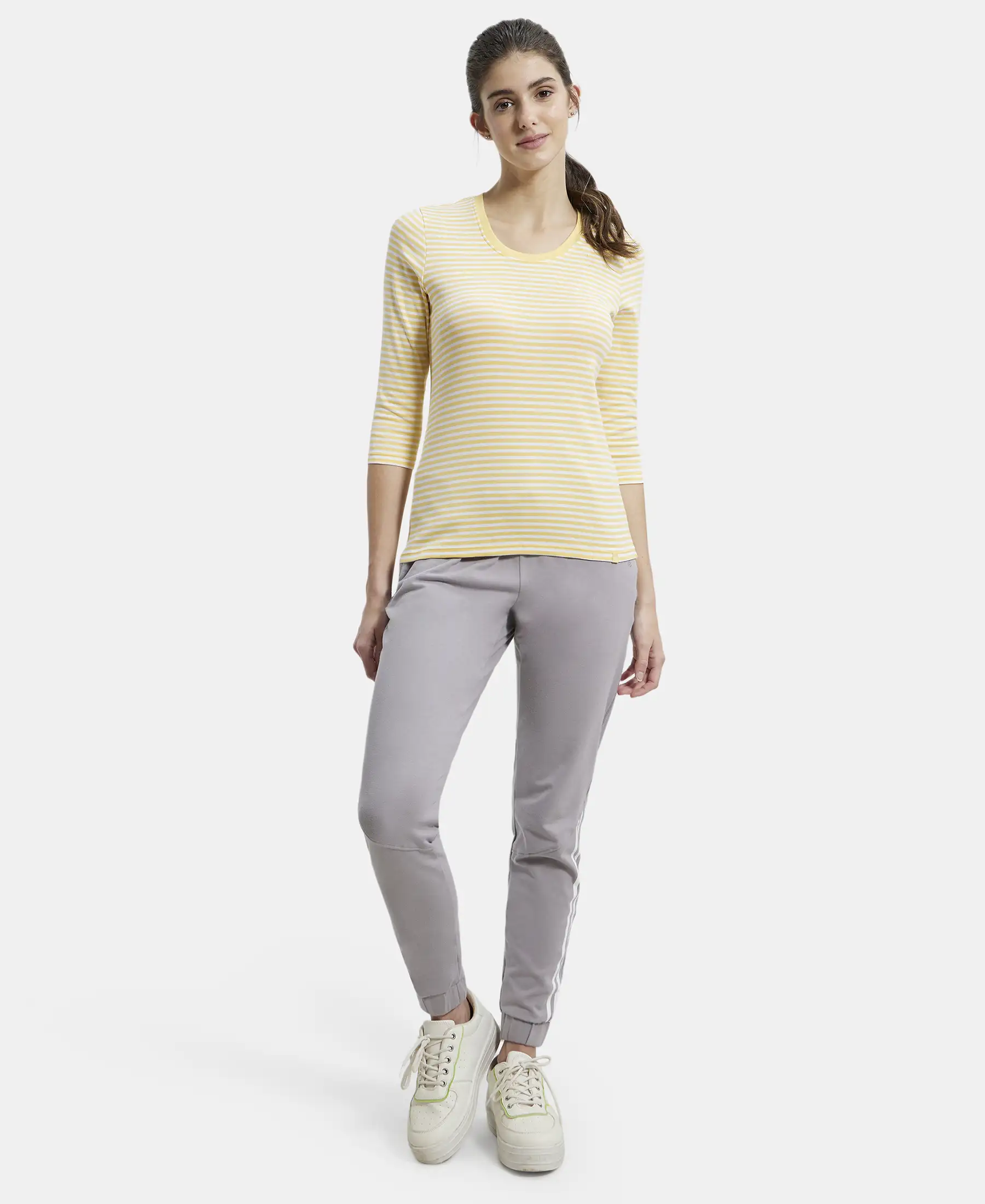 Super Combed Cotton Elastane Stretch Slim Fit Striped Round Neck Three Quarter Sleeve T-Shirt - Banana Cream & White - Image 4