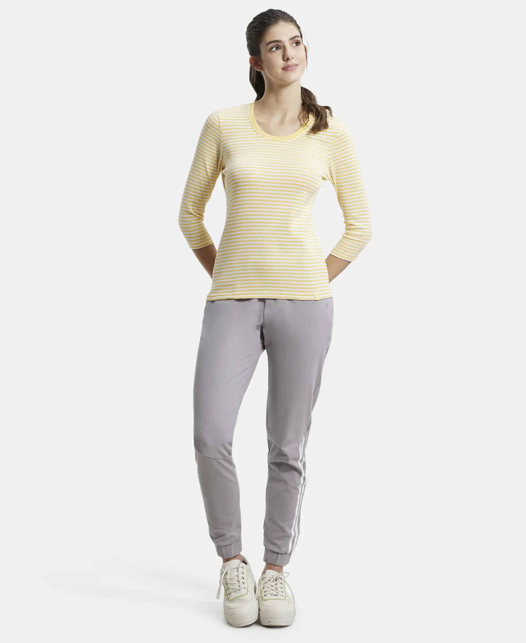 Super Combed Cotton Elastane Stretch Slim Fit Striped Round Neck Three Quarter Sleeve T-Shirt - Banana Cream & White - Image 6