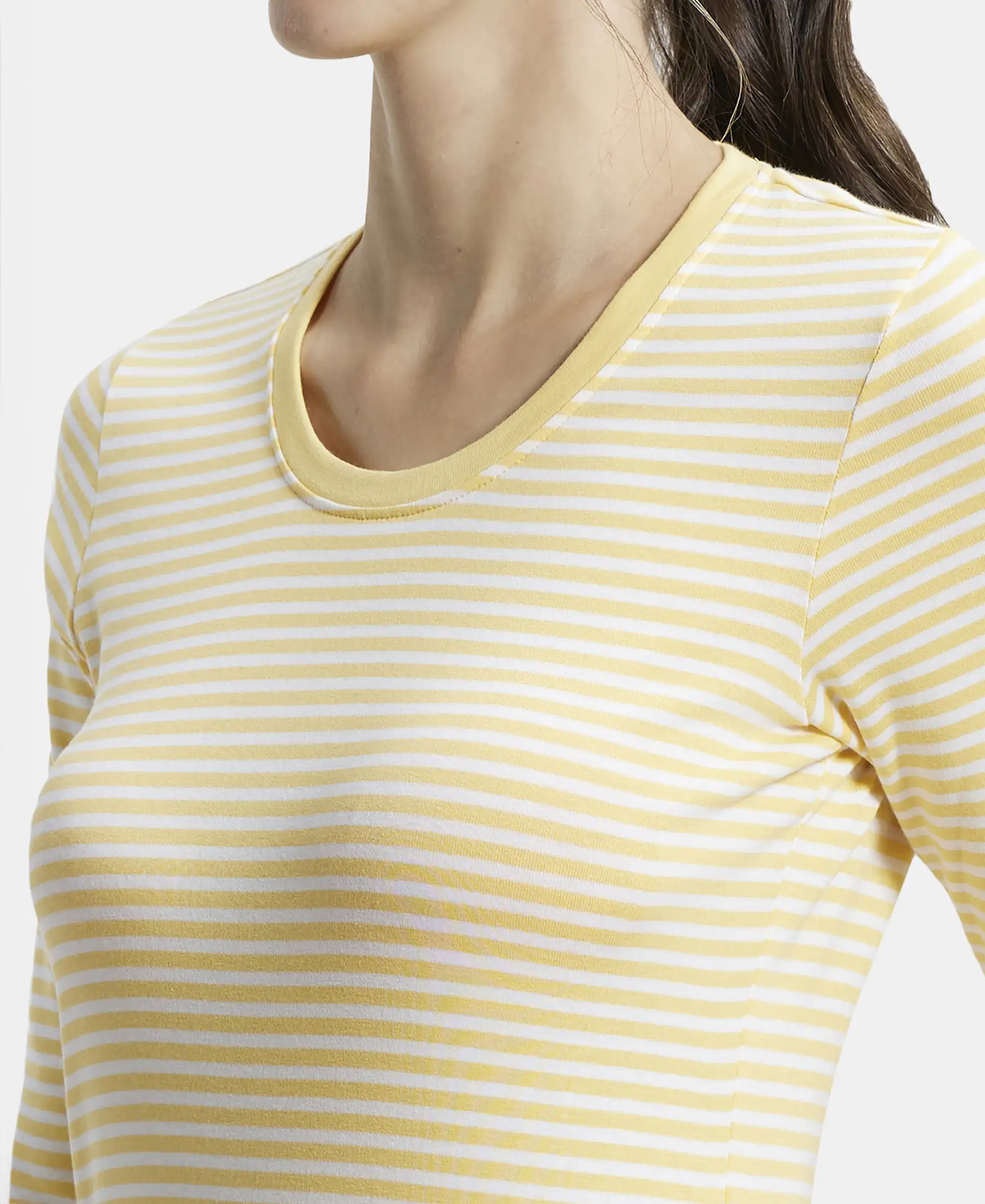 Super Combed Cotton Elastane Stretch Slim Fit Striped Round Neck Three Quarter Sleeve T-Shirt - Banana Cream & White - Image 7