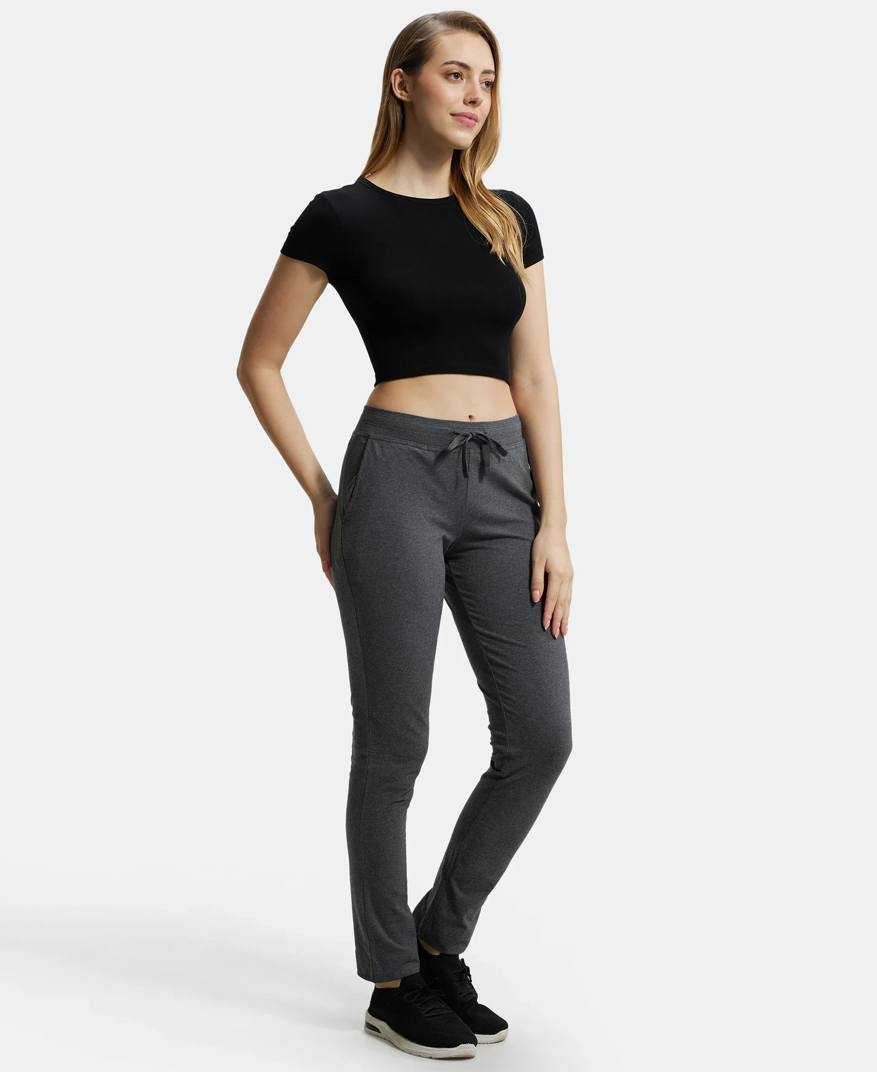 Super Combed Cotton Elastane Stretch Slim Fit Trackpants With Side Pockets - Charcoal Melange - Image 6