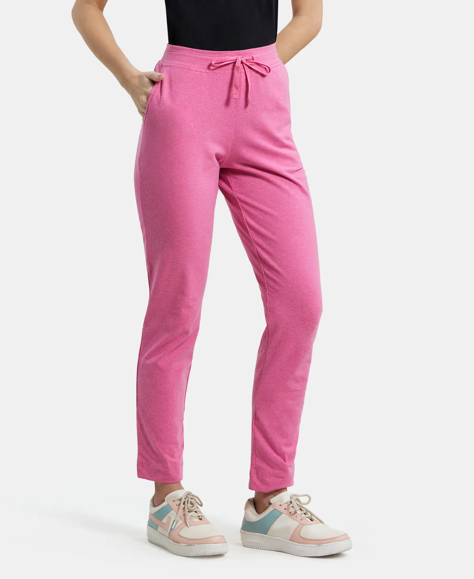 Super Combed Cotton Elastane Stretch Slim Fit Trackpants With Side Pockets - Ibis Rose Melange - Image 2