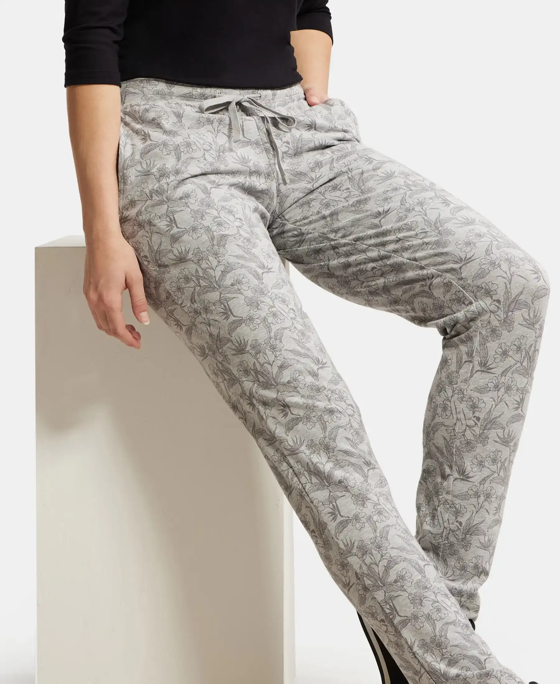 Super Combed Cotton Elastane Stretch Slim Fit Trackpants With Side Pockets - Lt Grey Melange Printed - Image 5
