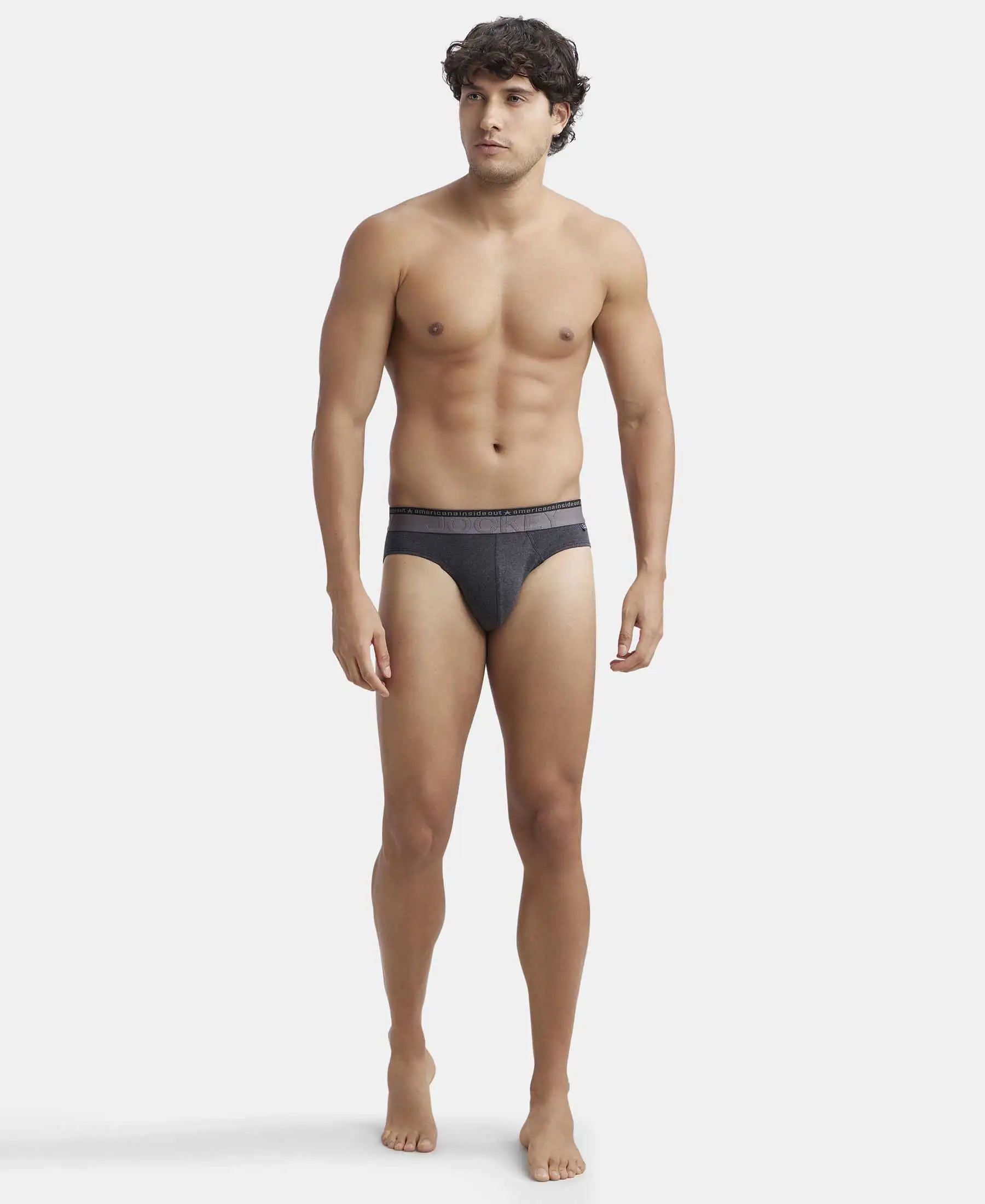 Super Combed Cotton Elastane Stretch Solid Brief with Ultrasoft Waistband - Black Melange - Image 4