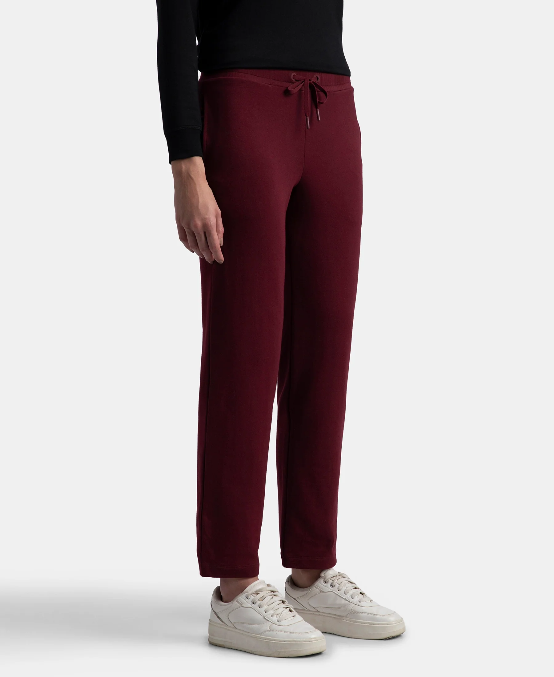 Super Combed Cotton Elastane Stretch French Terry Straight Fit Trackpants with Side Pockets - Tawny Port - Image 2