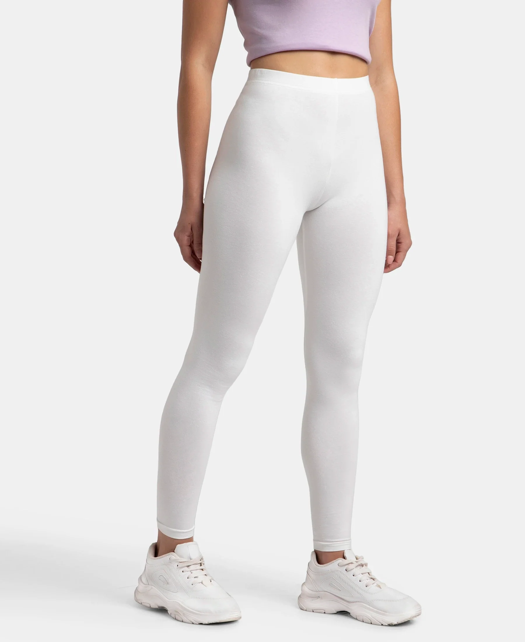 Super Combed Cotton Elastane Stretch Leggings with Ultrasoft Waistband - White - Image 2