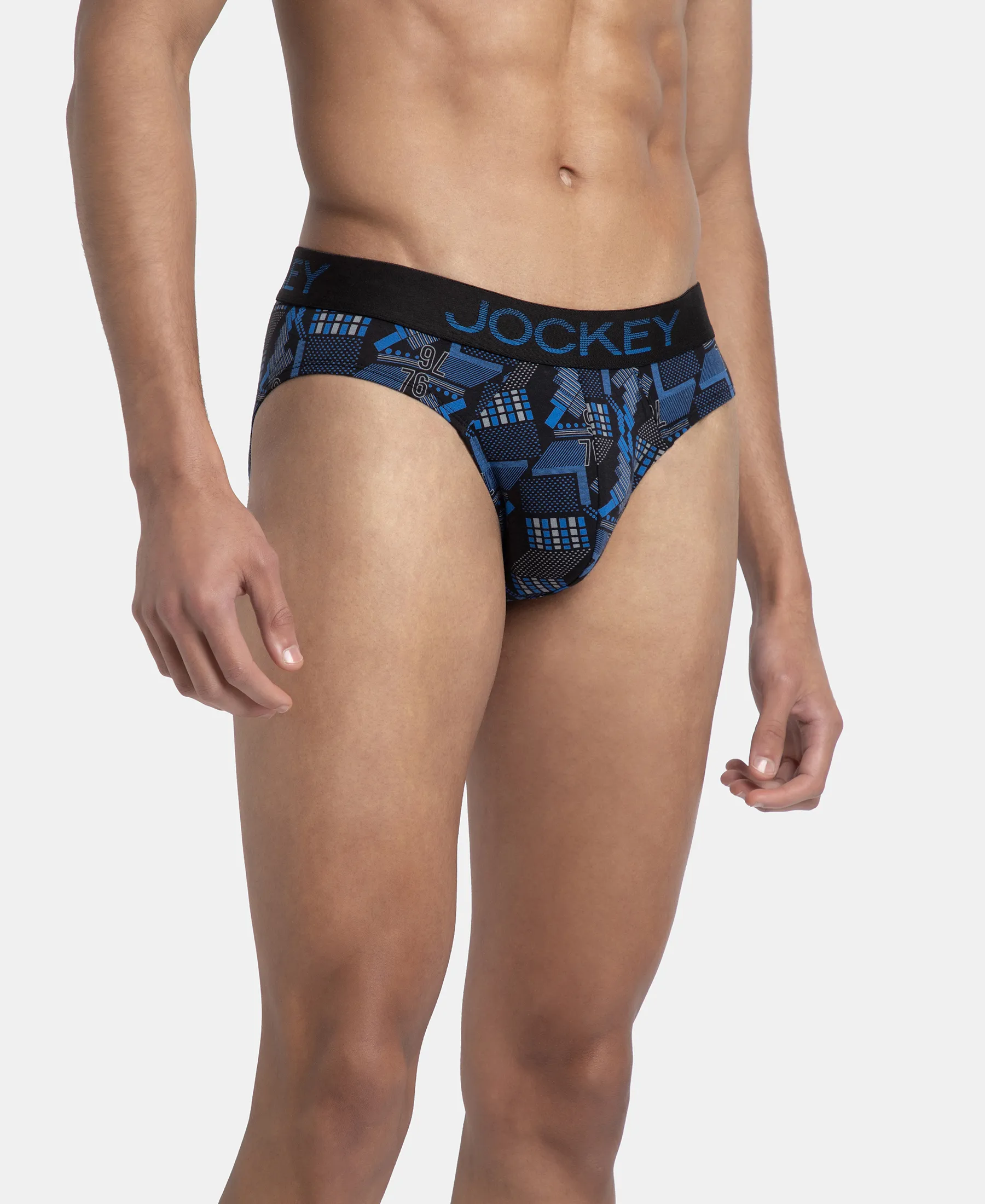 Super Combed Cotton Elastane Stretch Printed Brief with Ultrasoft Waistband - Black & Blue - Image 2
