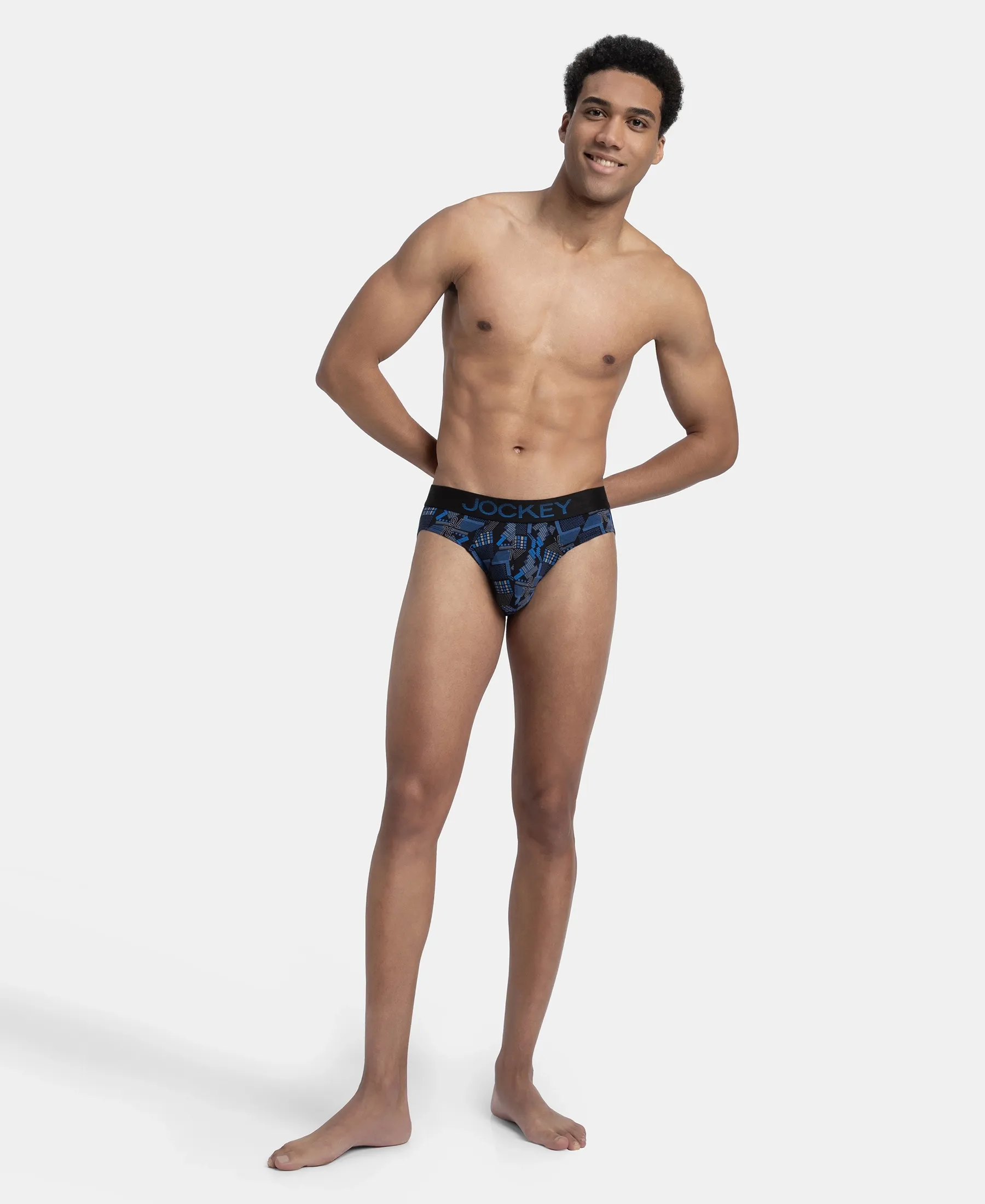 Super Combed Cotton Elastane Stretch Printed Brief with Ultrasoft Waistband - Black & Blue - Image 4