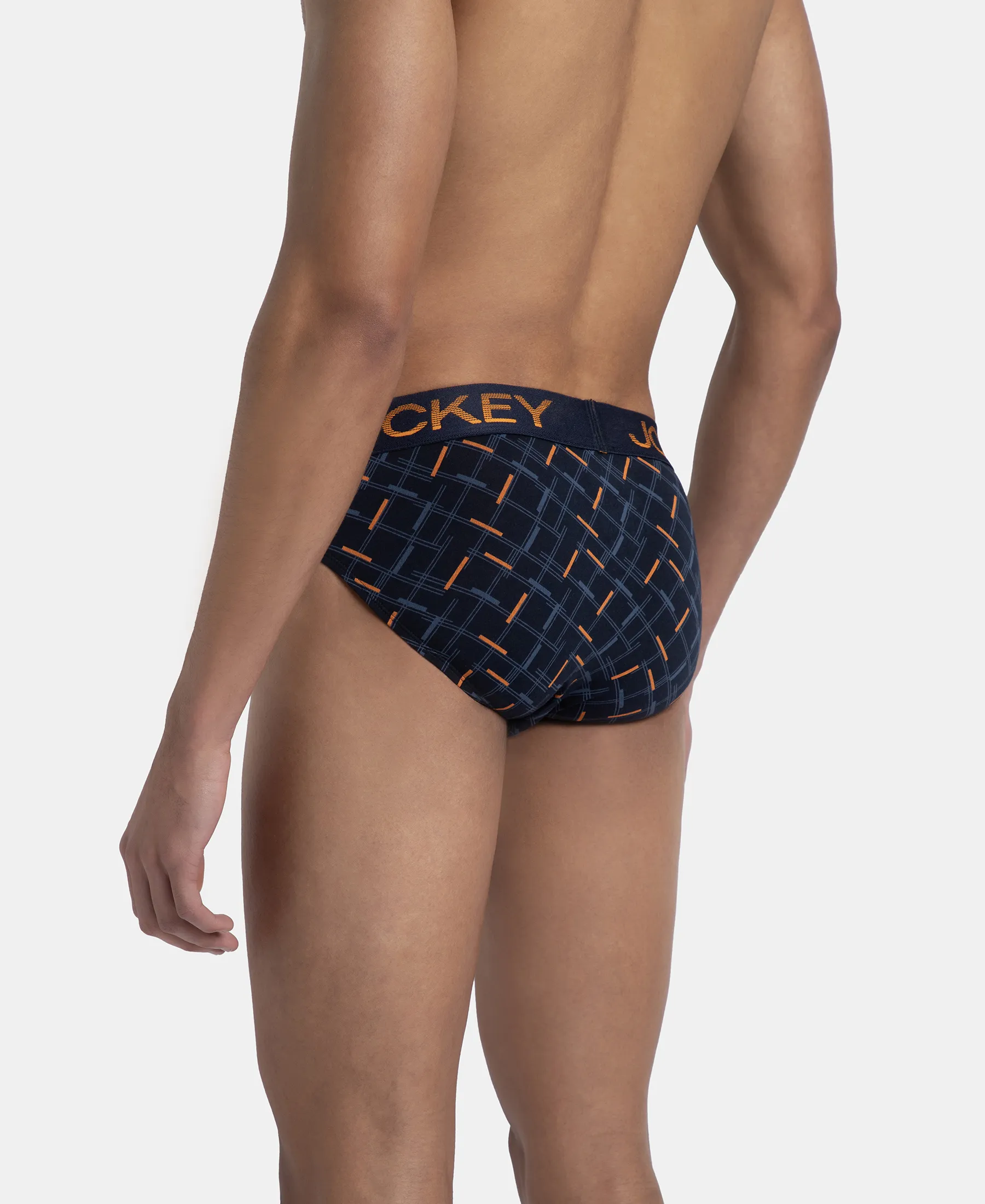Super Combed Cotton Elastane Stretch Printed Brief with Ultrasoft Waistband - Navy & Orange - Image 3