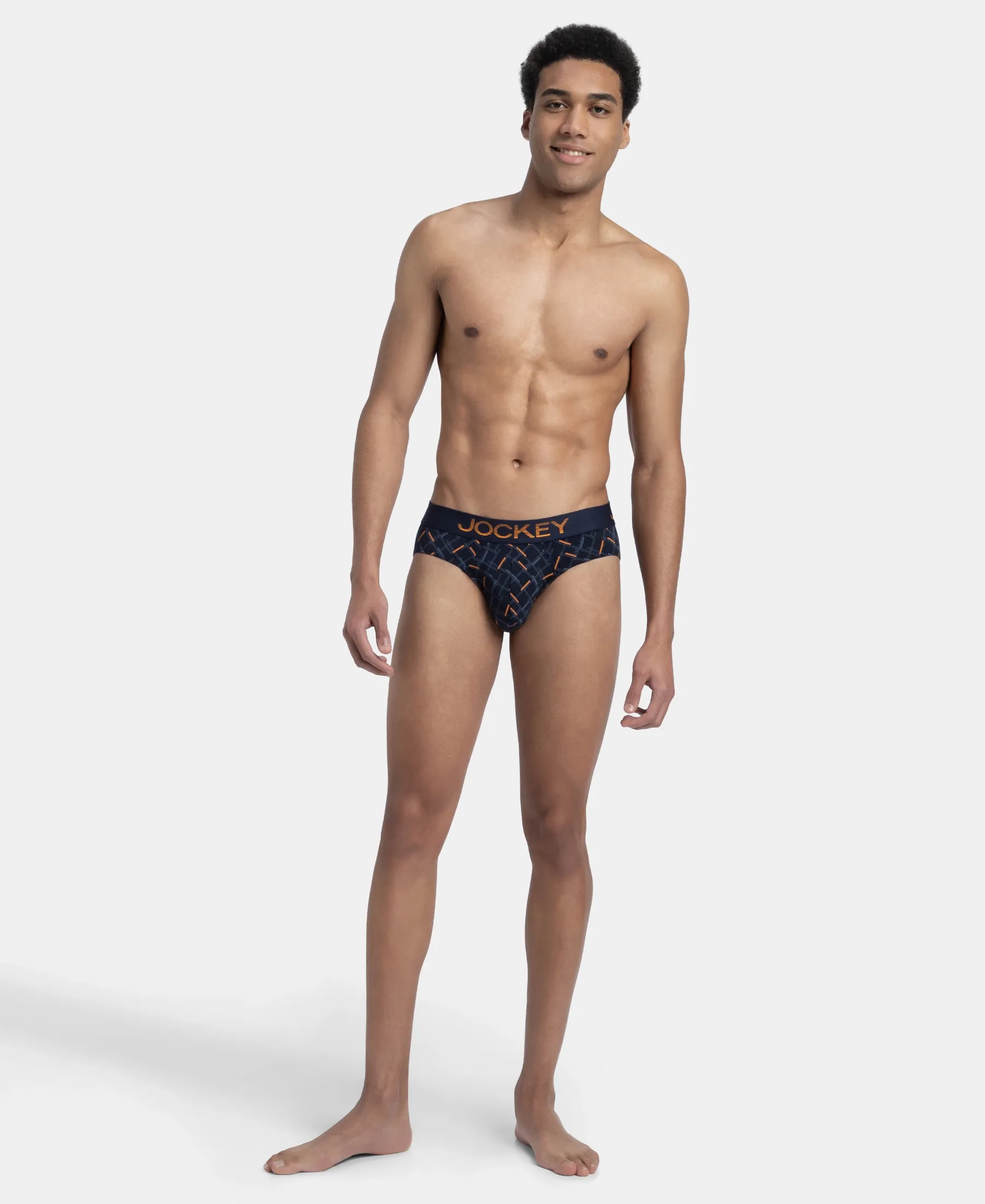 Super Combed Cotton Elastane Stretch Printed Brief with Ultrasoft Waistband - Navy & Orange - Image 4