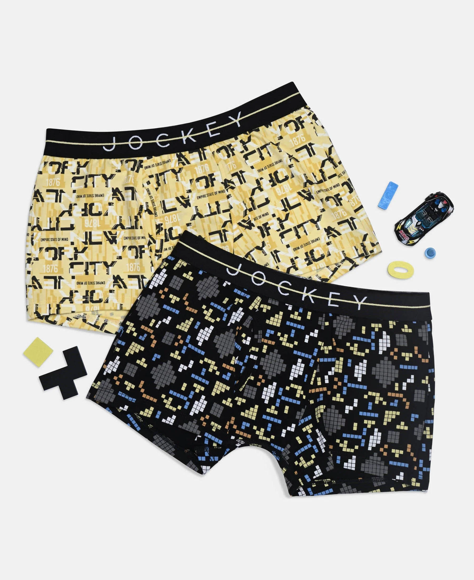 Super Combed Cotton Elastane Stretch Printed Trunk with Front Open Fly and Ultrasoft Waistband - Black & Mellow Yellow (Pack of 2) - Image 5
