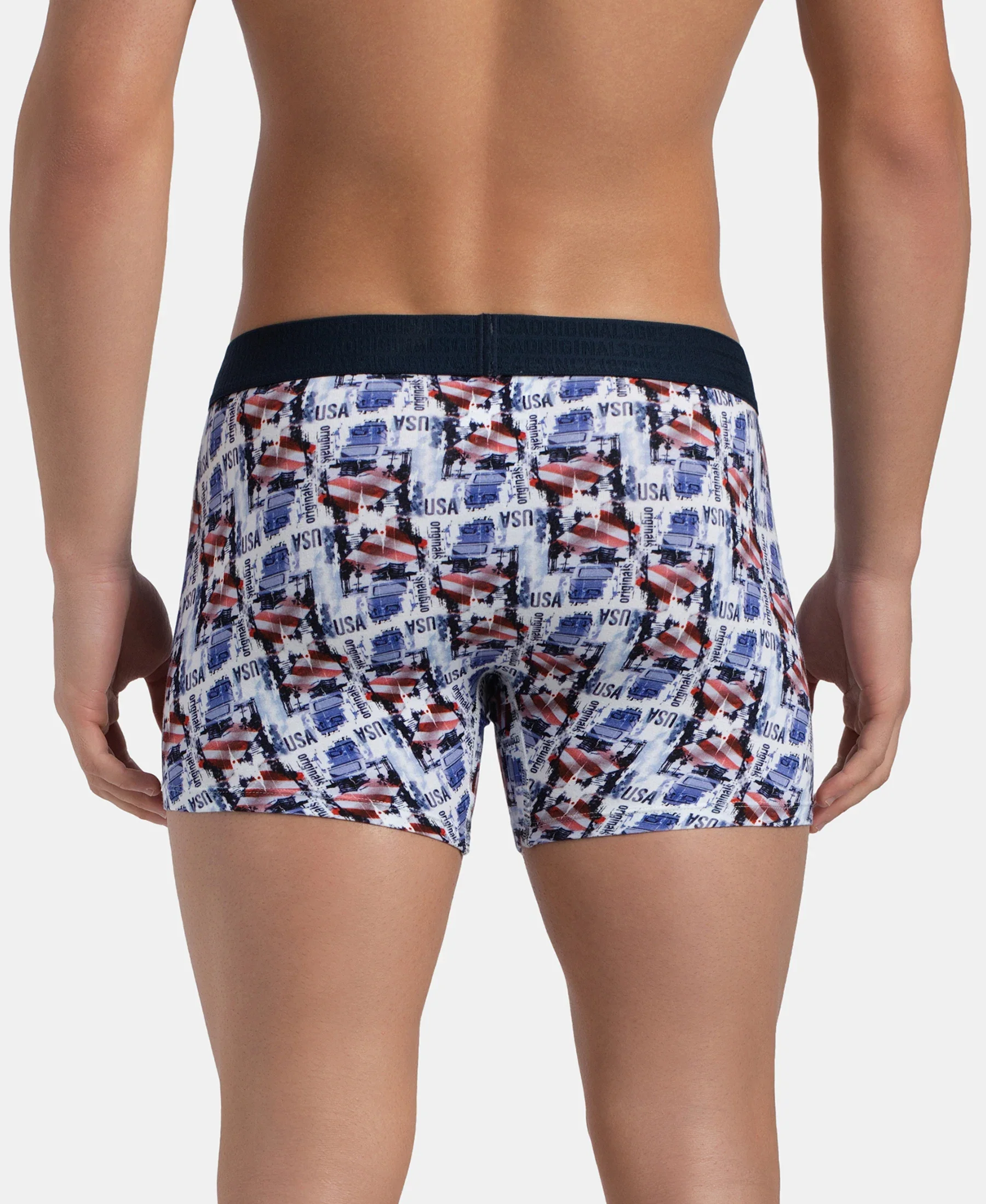 Super Combed Cotton Elastane Stretch Printed Trunk with Ultrasoft Waistband - White & Navy - Image 3