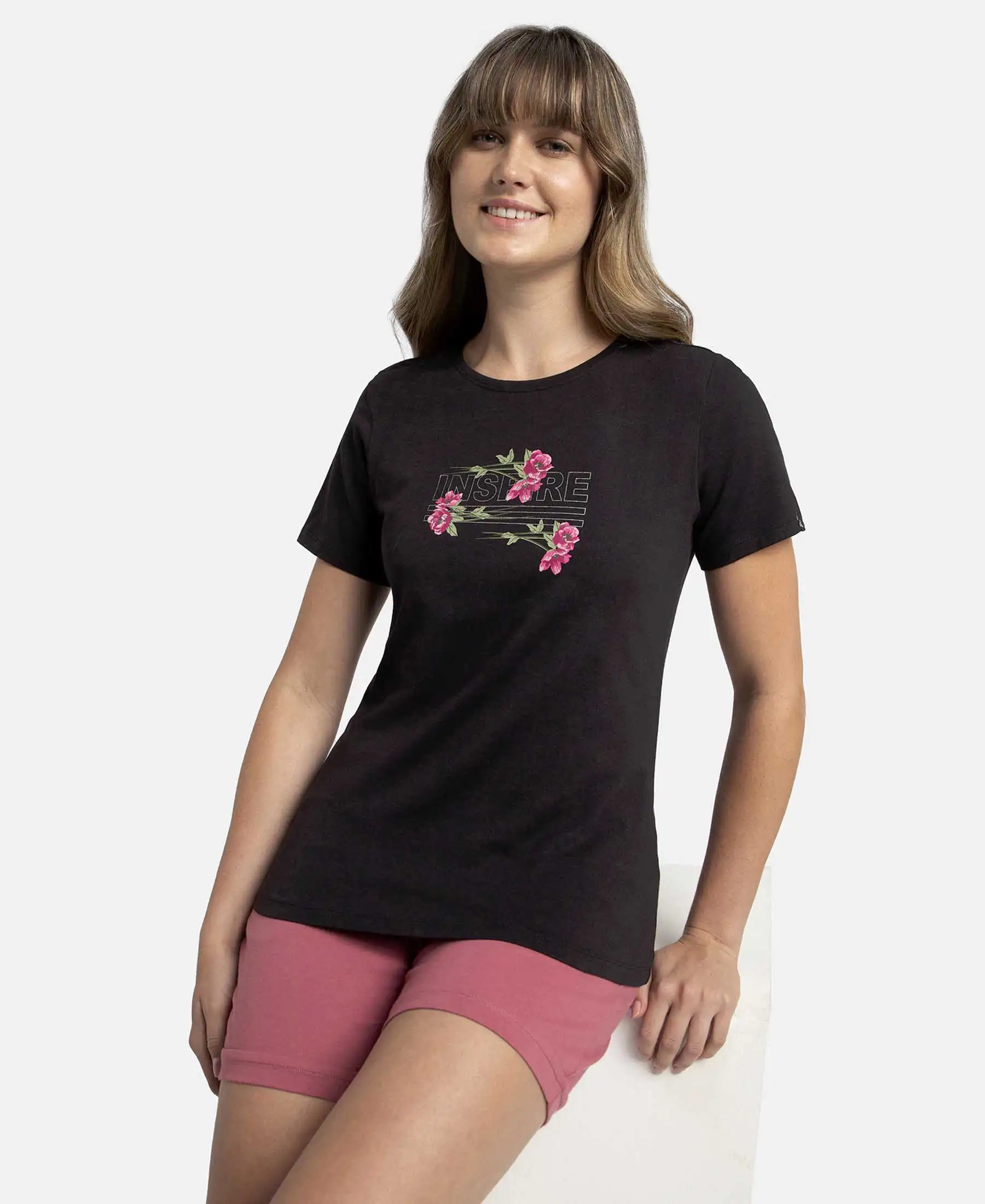 Super Combed Cotton Elastane Stretch Regular Fit Graphic Printed Round Neck Half Sleeve T-Shirt  - Black - Image 5
