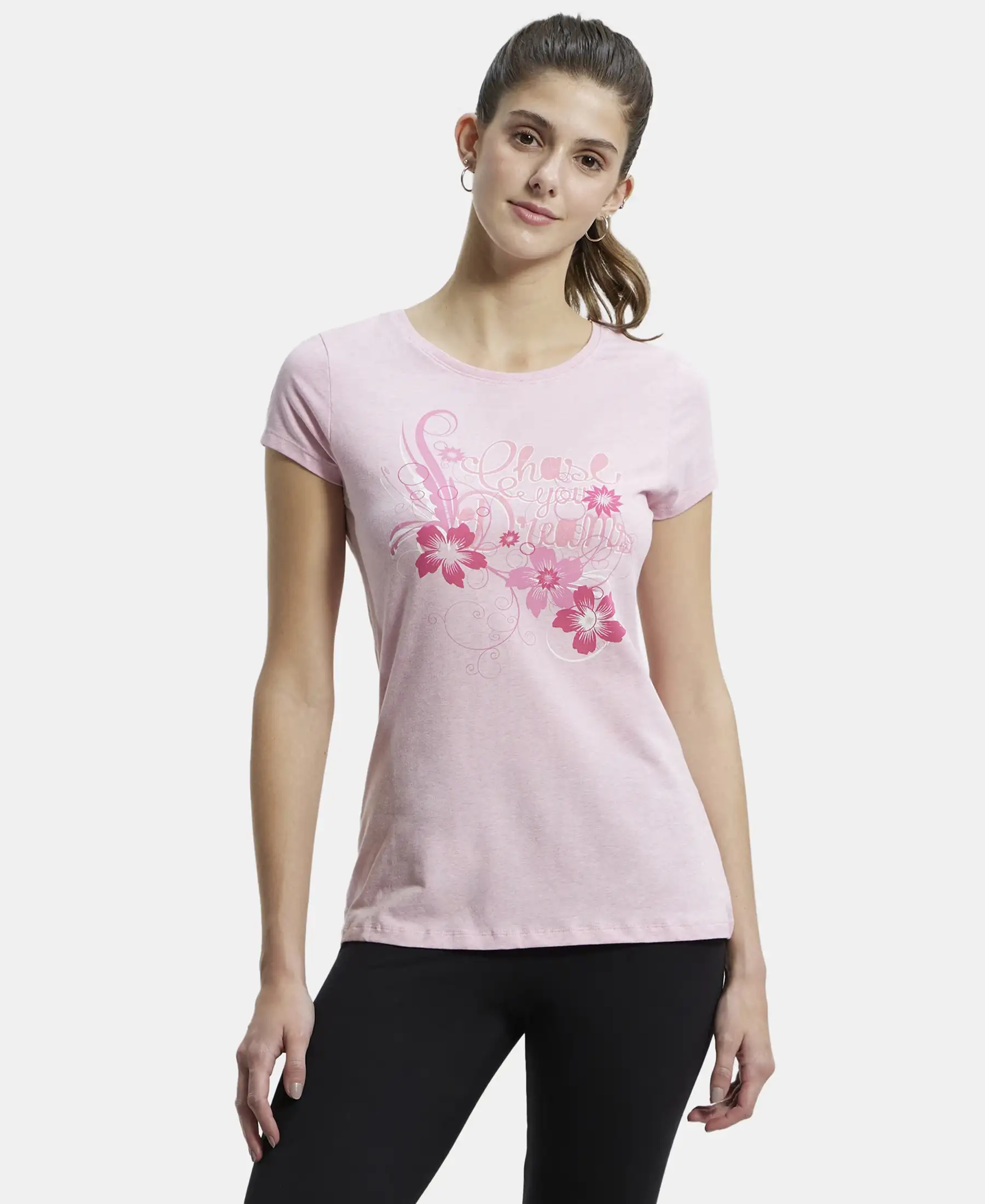Super Combed Cotton Elastane Stretch Regular Fit Graphic Printed Round Neck Half Sleeve T-Shirt - Pink lady melange print048