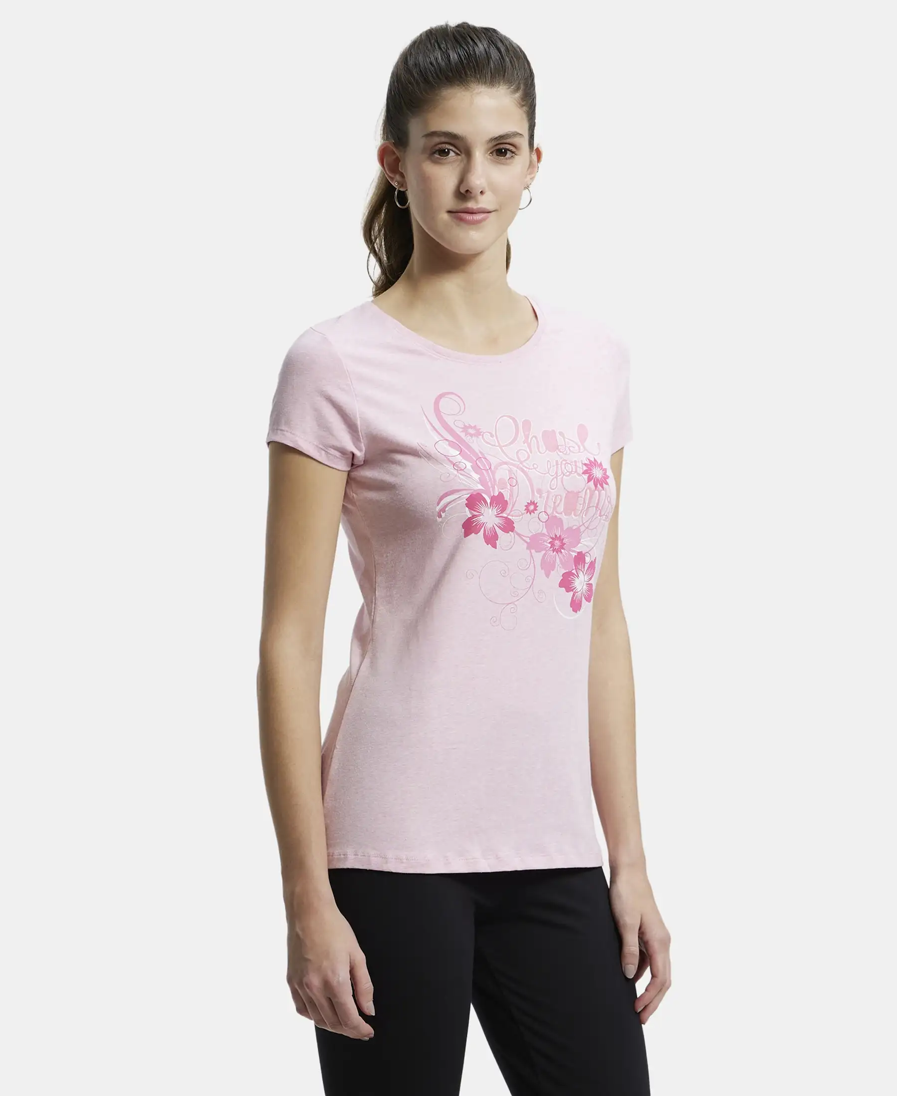 Super Combed Cotton Elastane Stretch Regular Fit Graphic Printed Round Neck Half Sleeve T-Shirt - Pink lady melange print048 - Image 2