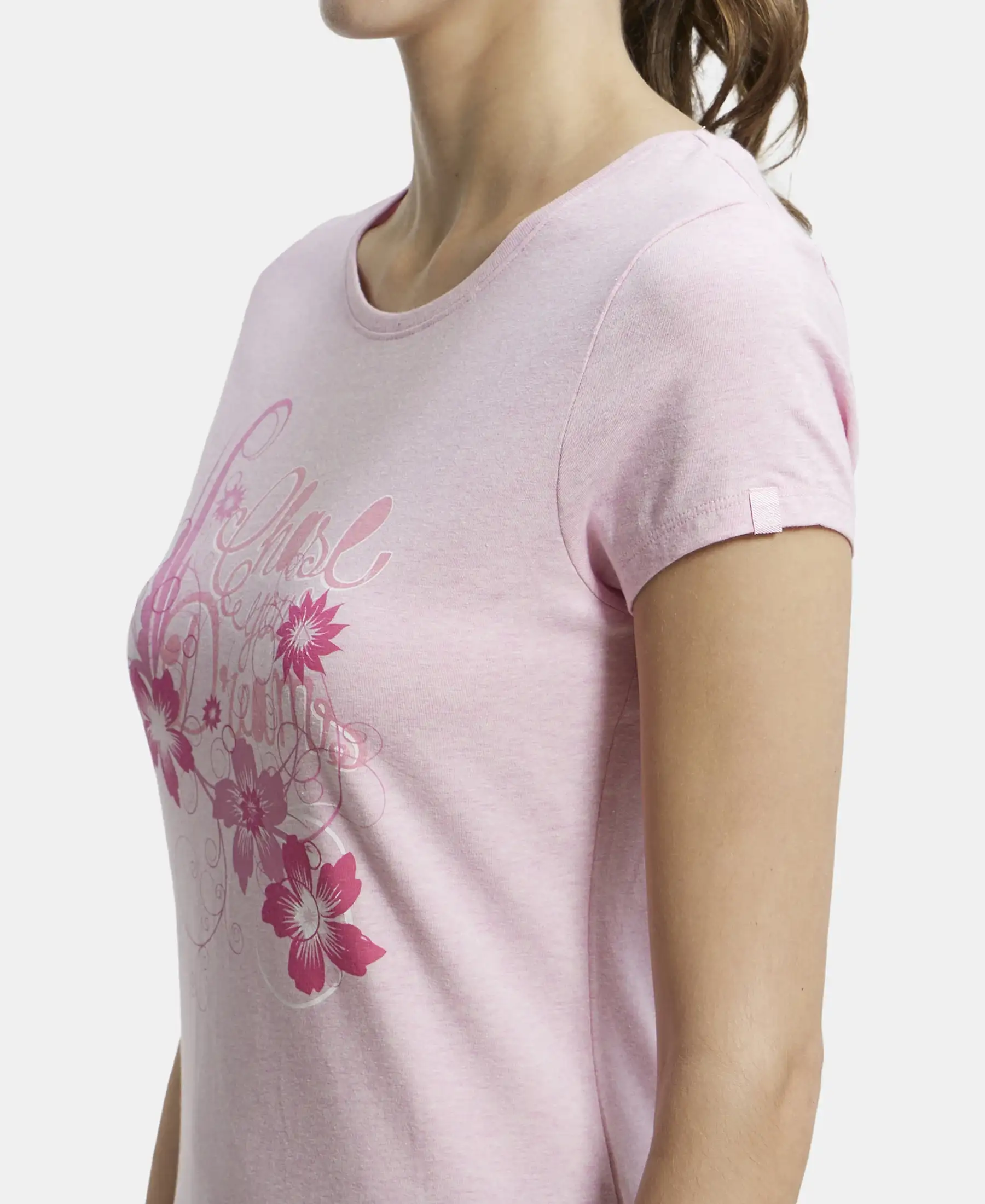 Super Combed Cotton Elastane Stretch Regular Fit Graphic Printed Round Neck Half Sleeve T-Shirt - Pink lady melange print048 - Image 6
