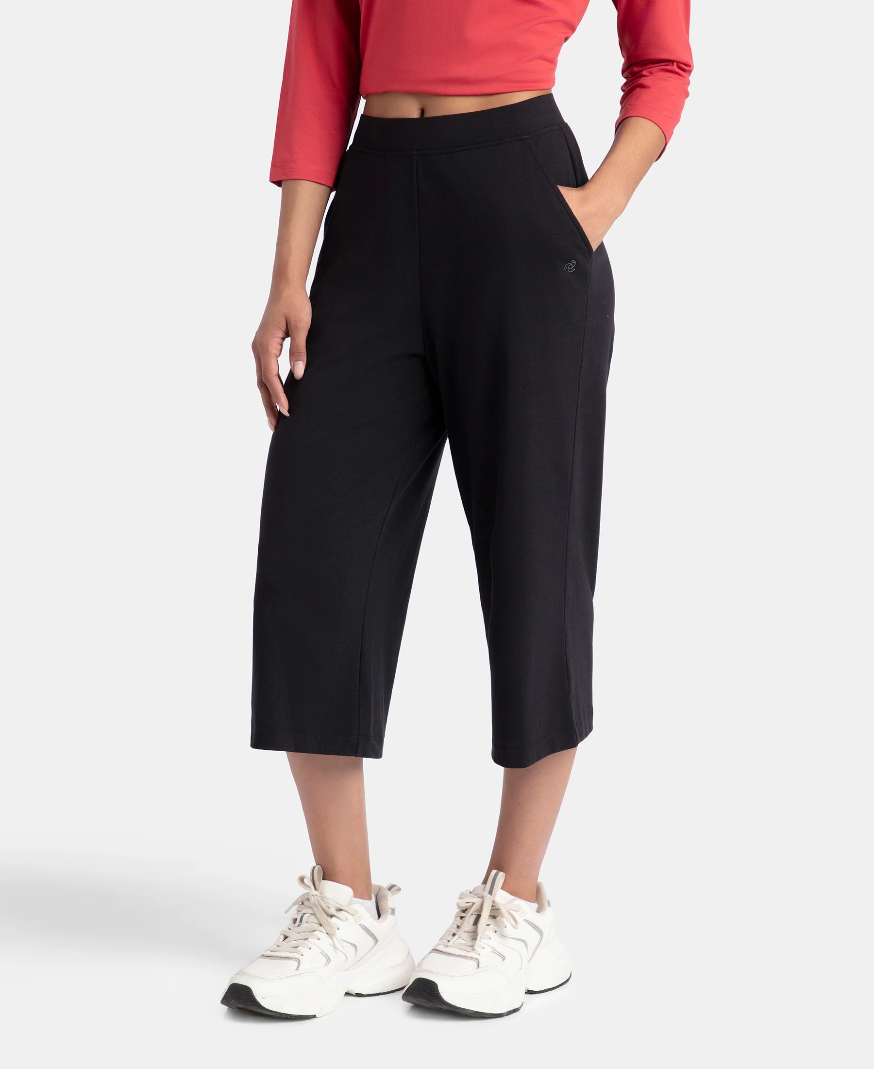 Super Combed Cotton Rich Elastane Stretch Relaxed Fit Culottes - Black - Image 2