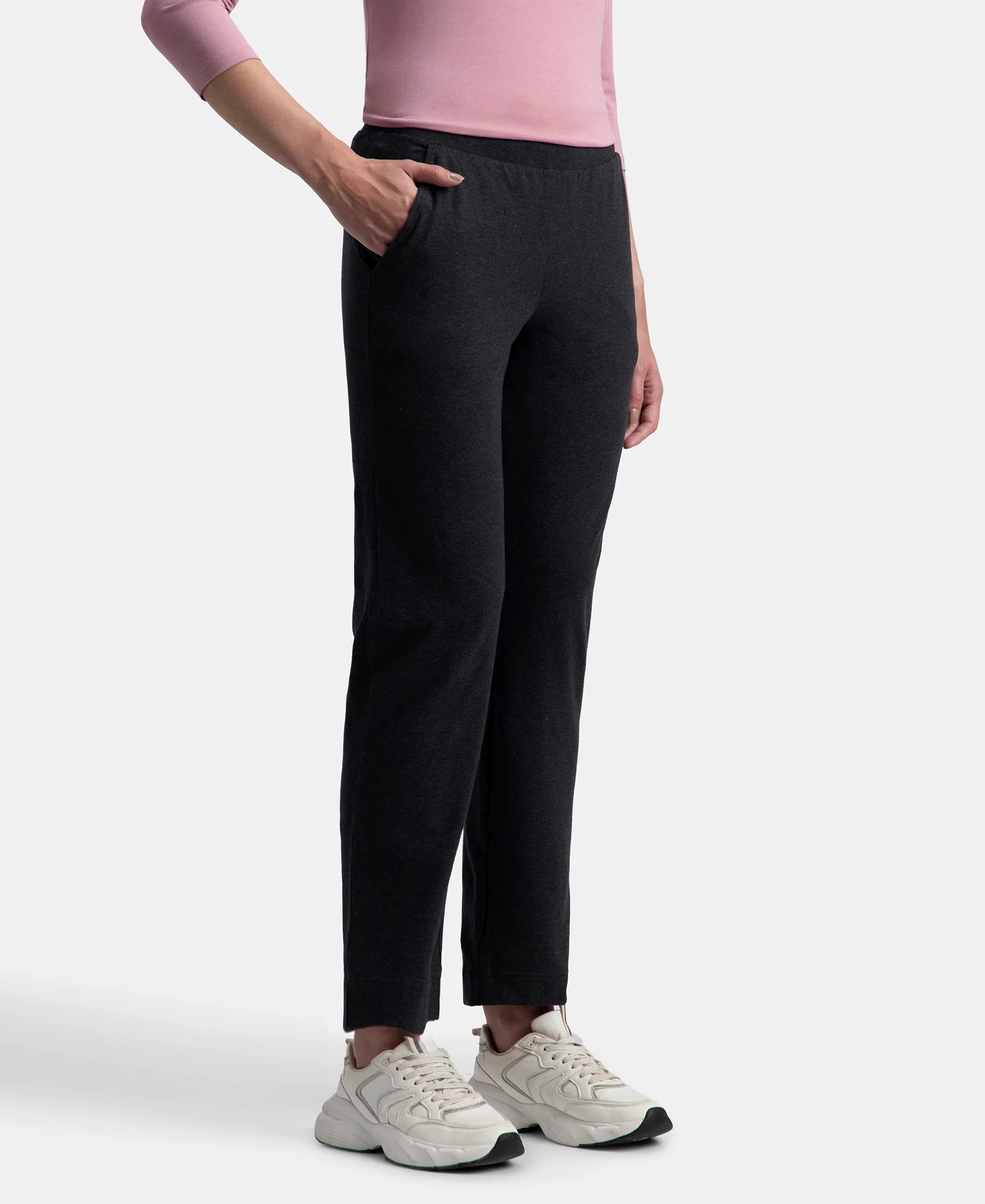 Super Combed Cotton Elastane Stretch Relaxed Fit Trackpants With Side Pockets - Black Melange - Image 2