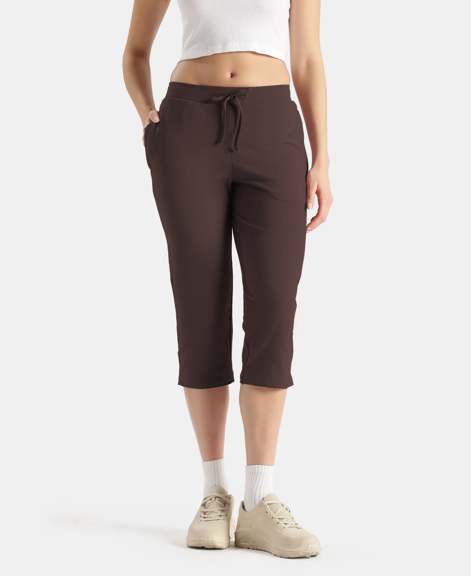Super Combed Cotton Elastane Stretch Slim Fit Capri with Side Pockets - Coffee