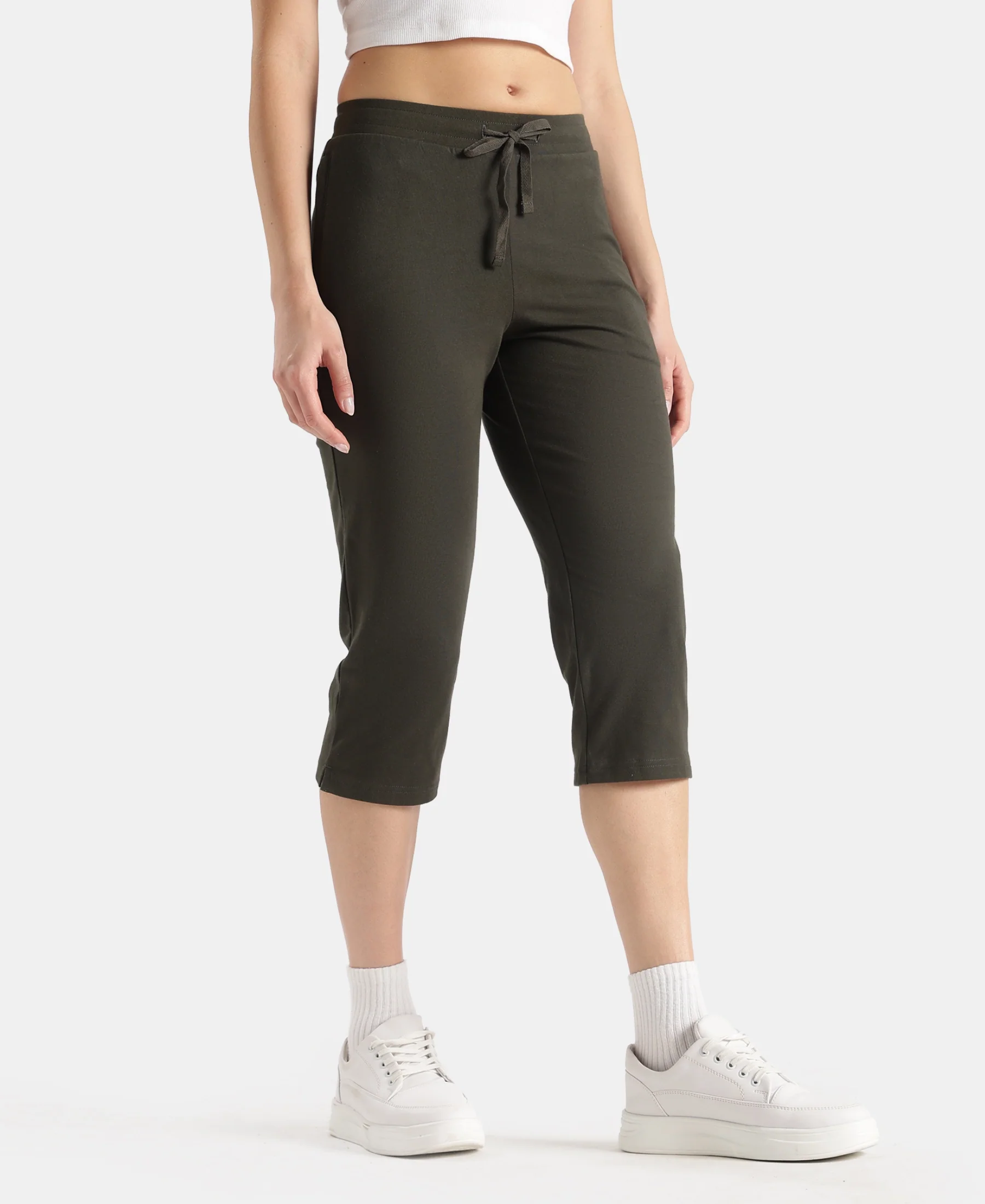 Super Combed Cotton Elastane Stretch Slim Fit Capri with Side Pockets - Olive - Image 2