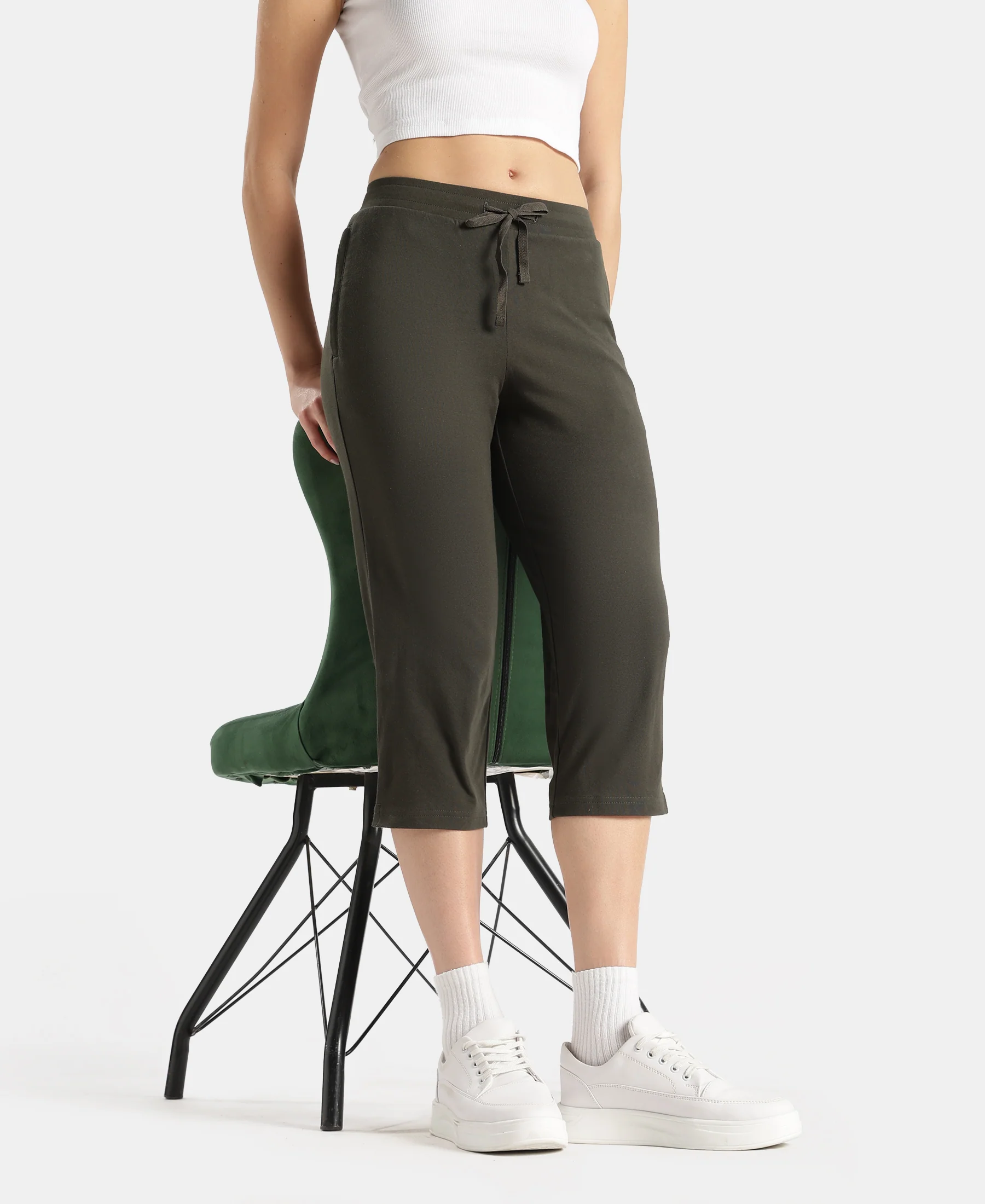 Super Combed Cotton Elastane Stretch Slim Fit Capri with Side Pockets - Olive - Image 5