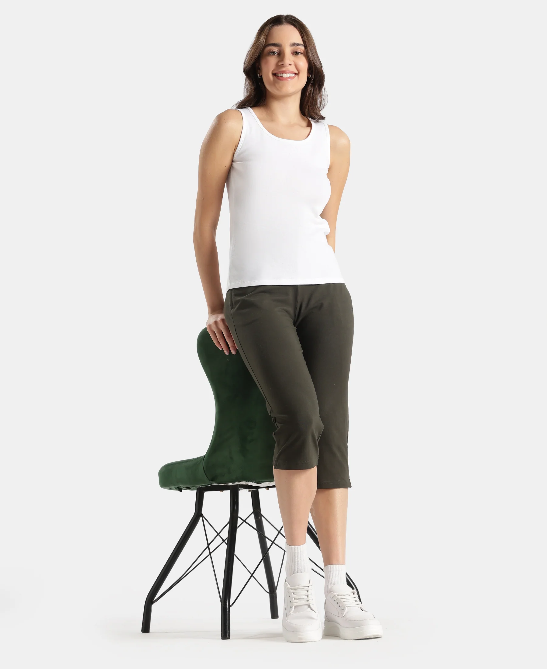 Super Combed Cotton Elastane Stretch Slim Fit Capri with Side Pockets - Olive - Image 6
