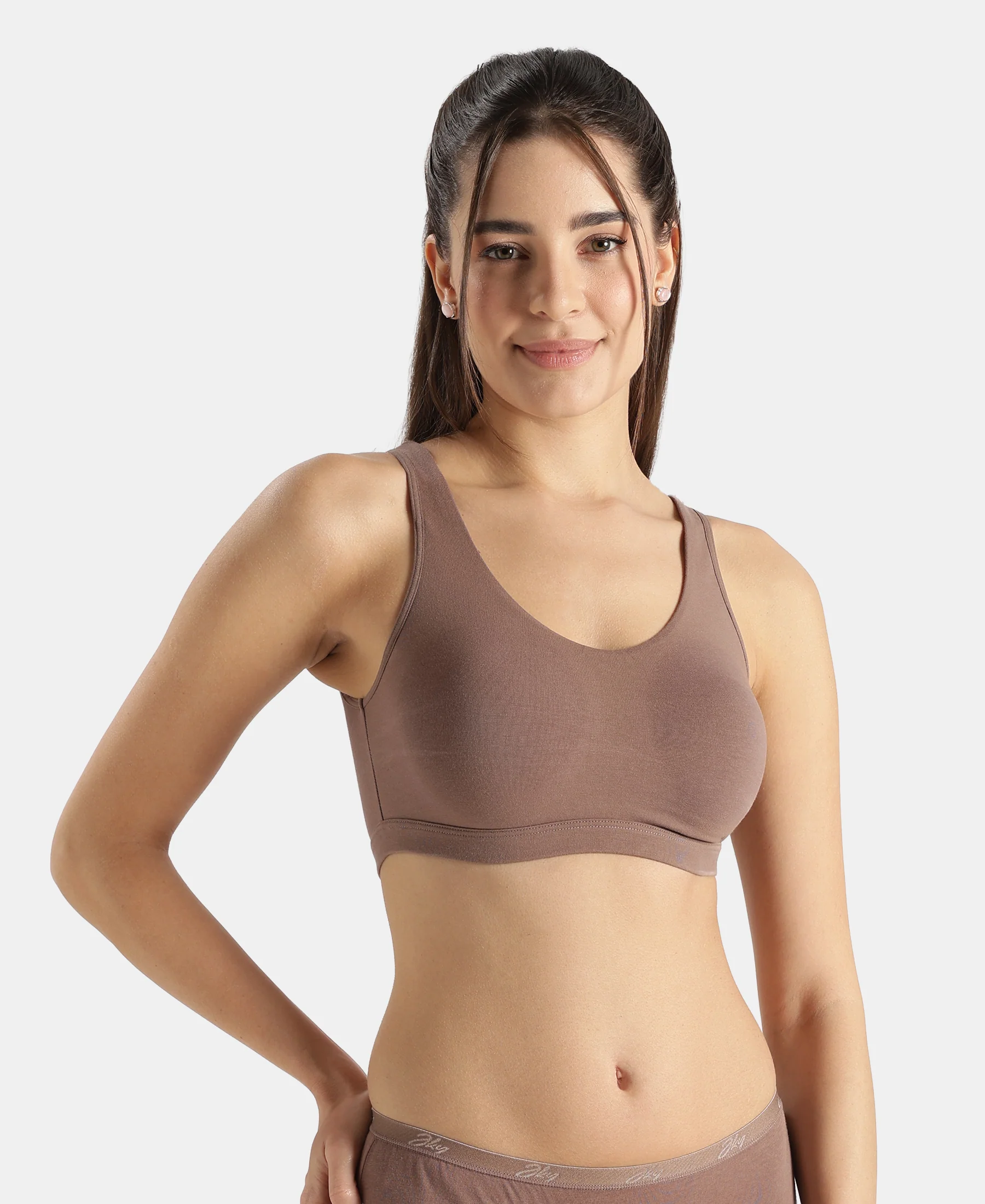Super Combed Cotton Elastane Stretch Slip On Lounge Bra With StayFresh Treatment - Deep Taupe - Image 2