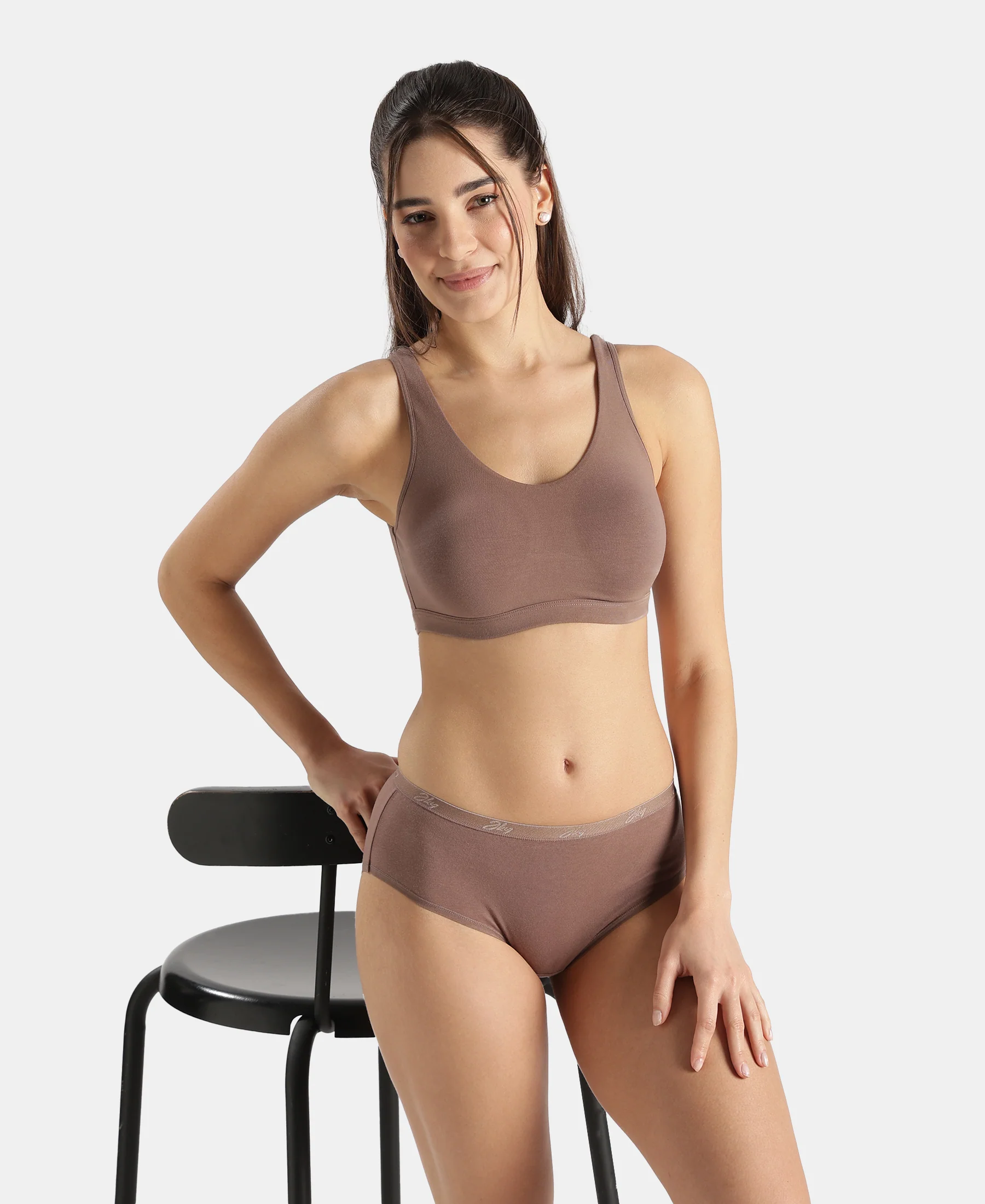 Super Combed Cotton Elastane Stretch Slip On Lounge Bra With StayFresh Treatment - Deep Taupe - Image 5