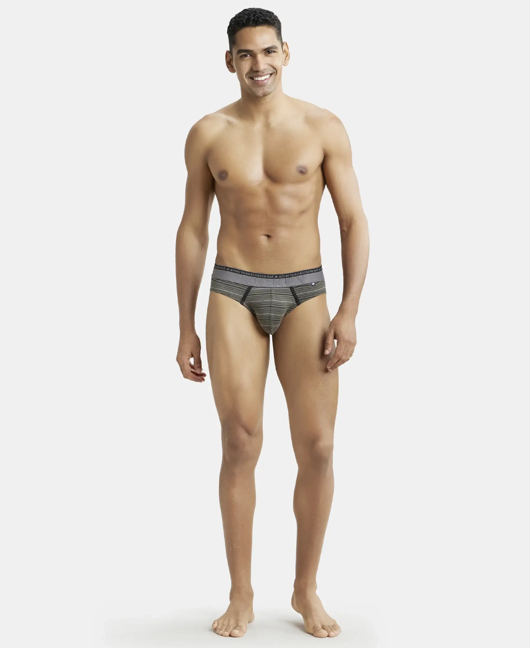 Super Combed Cotton Elastane Stretch Striped Brief with Ultrasoft Waistband  - Deep Olive - Image 4